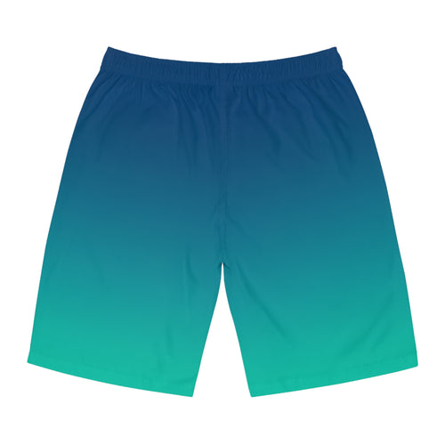 Blue To Sea Green Ombre Men's Ocean-Inspired Board Shorts, Swimwear for Beach Days, Summer Vacations, Pool Parties, Surfing Attire, Water Sports