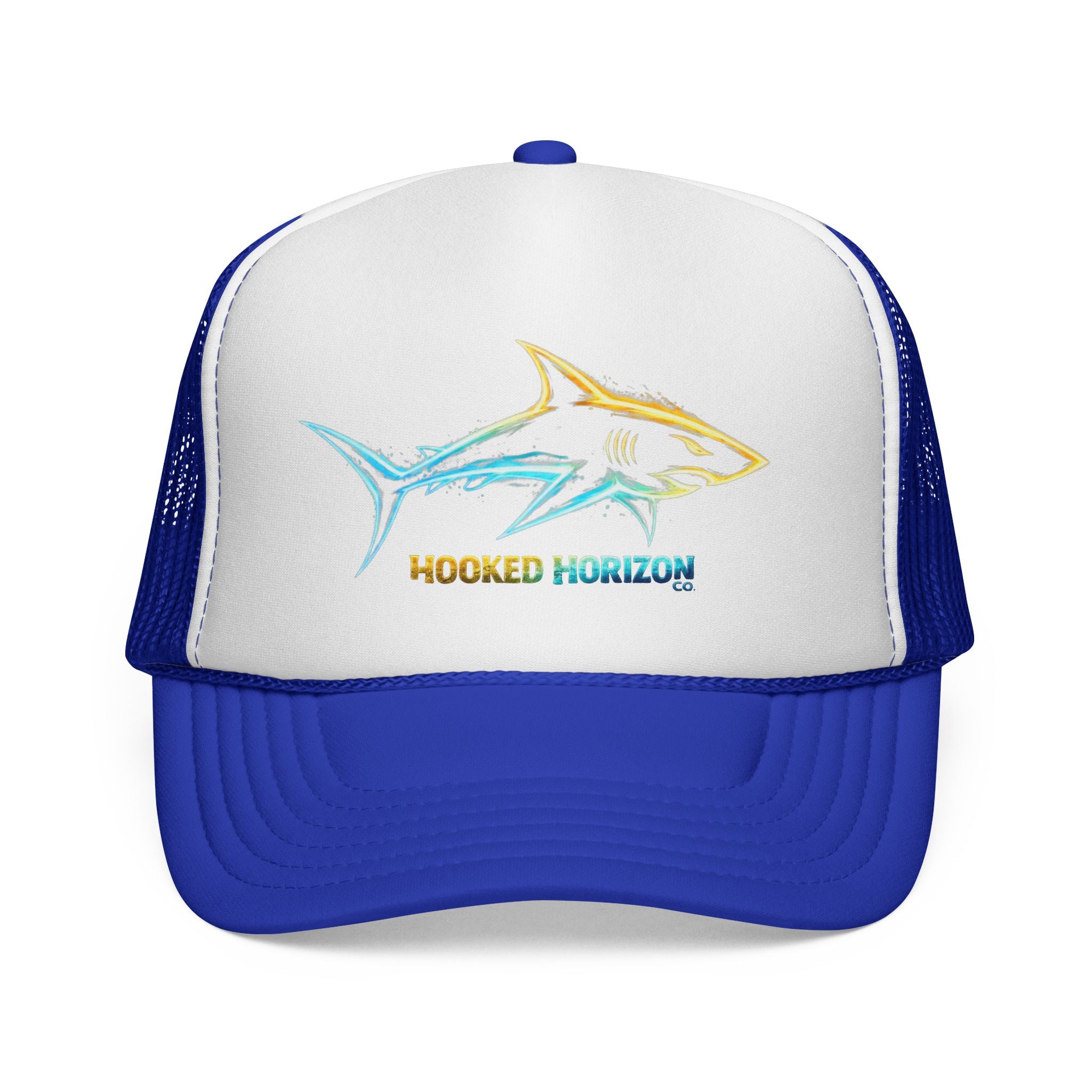 Gold & Blue Shark Trucker Cap — Fishing & Beach Hat