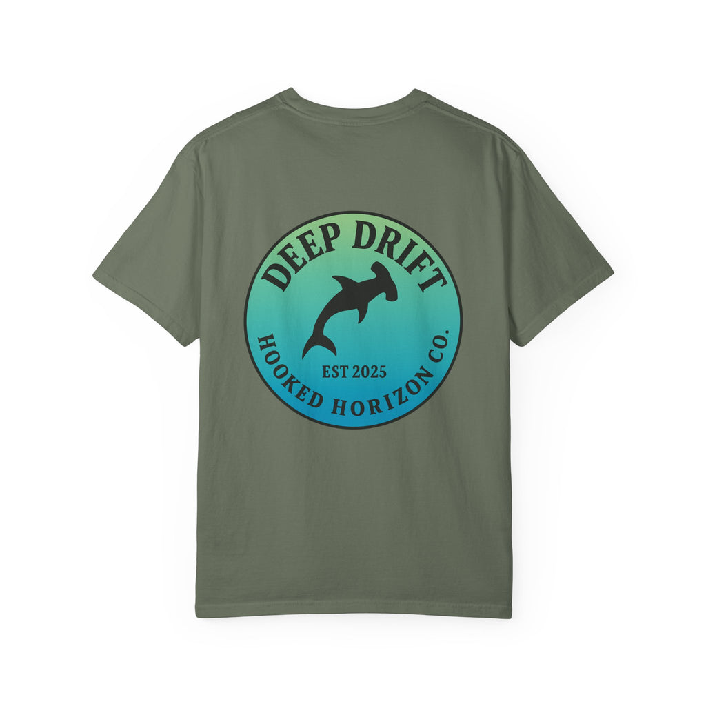 Deep Drift Fishing T-Shirt - Green & Blue Fishing Tee for Angler Lovers, Hammer Head Shark, Ocean Tee
