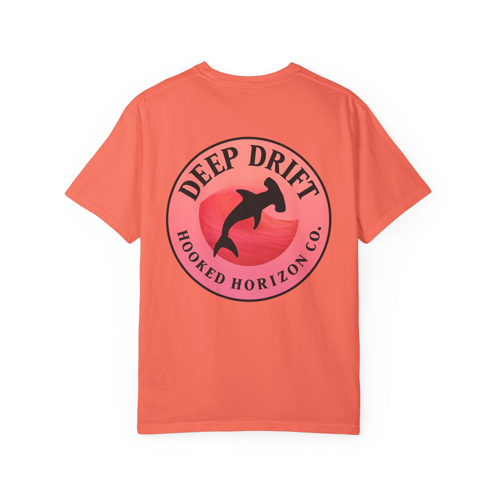 Deep Drift Fishing T-Shirt - Pink & Peach Fishing Tee for Angler Lovers, Pink Ombre, Hammer Head Shark Tee, Ocean-inspired