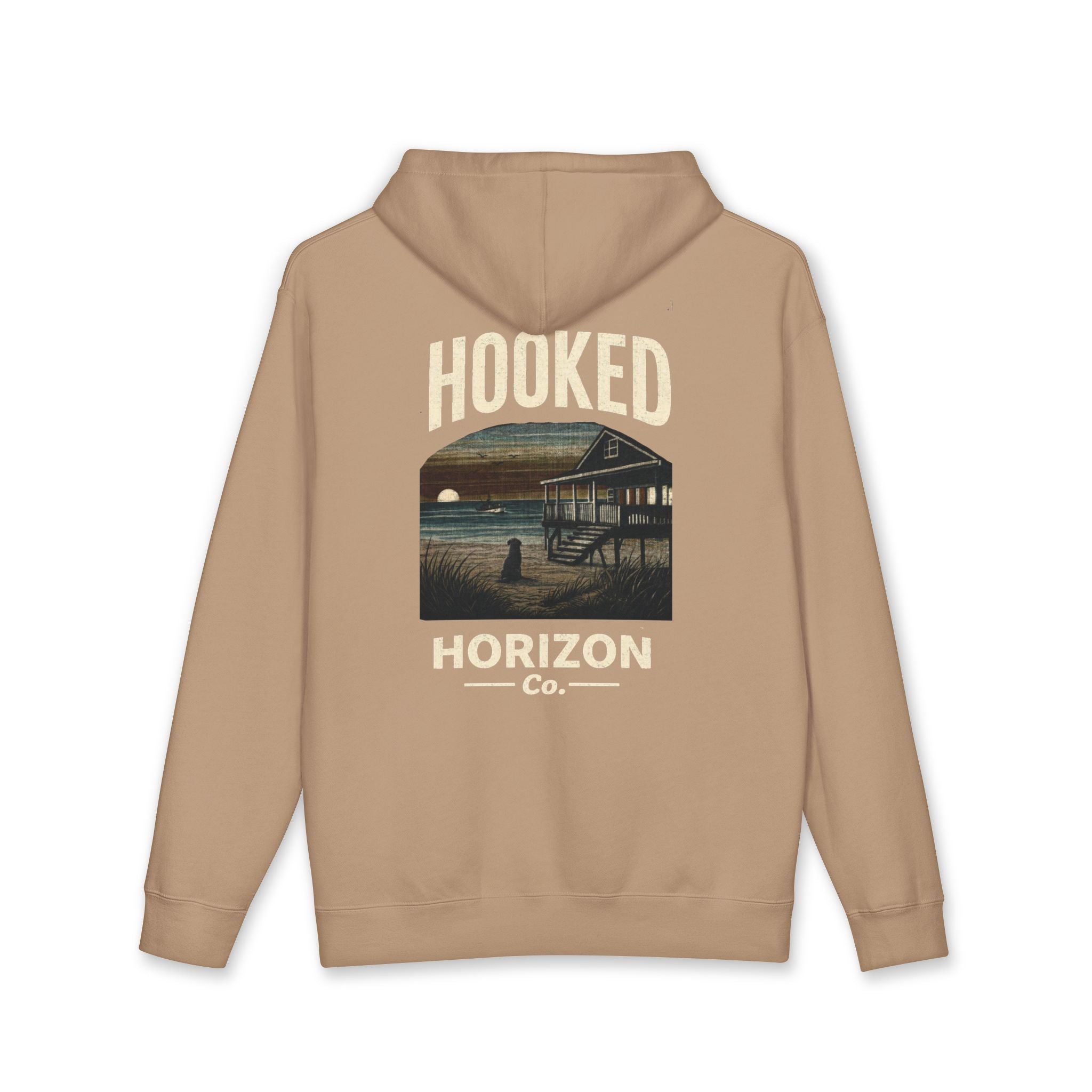 Dog & Sunset Hoodie Hooked Horizon Co. — Minimal Fishing Back Graphic Hoodie, Multiple Color Variations