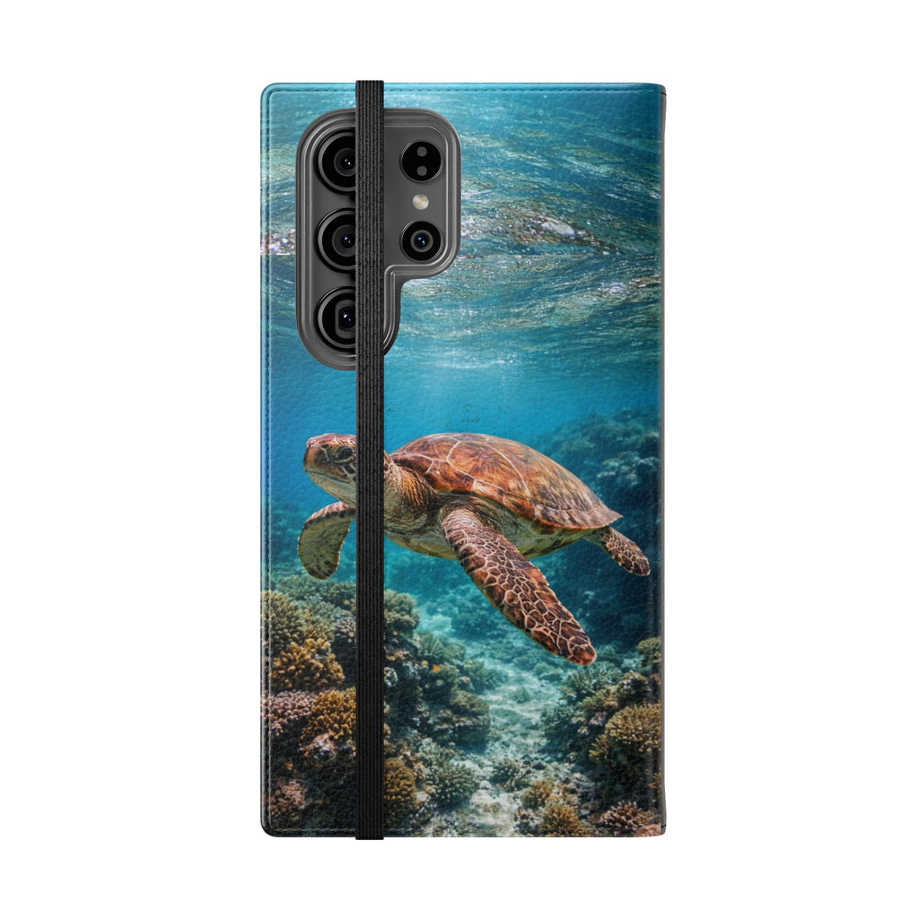 Turtle Hooked Horizon Co Flip Phone Case — Turquoise Water Pattern Wallet Cover
