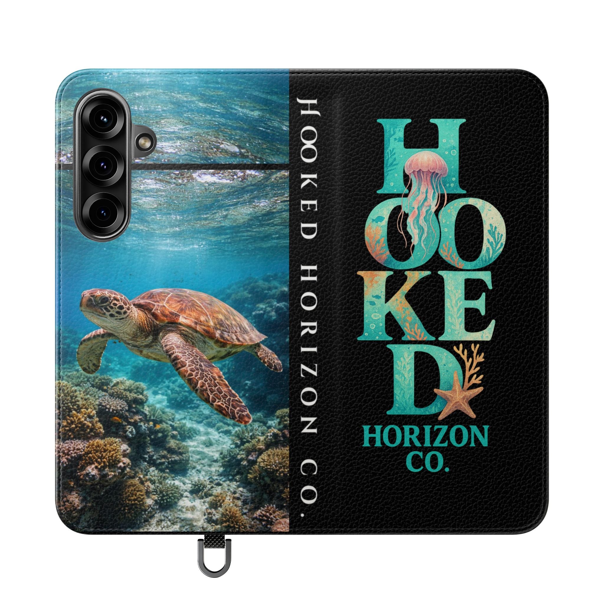 Turtle Hooked Horizon Co Flip Phone Case — Turquoise Water Pattern Wallet Cover