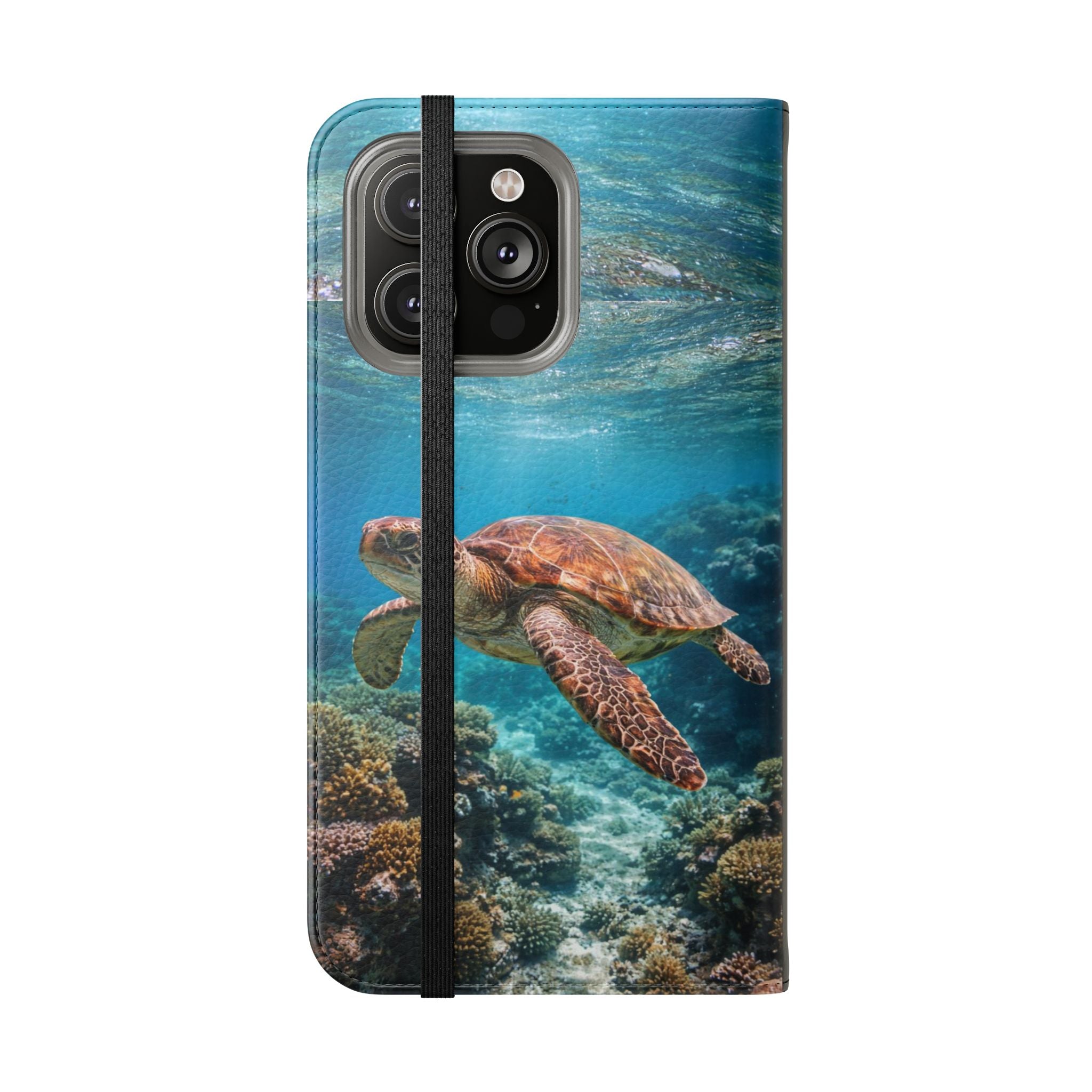 Turtle Hooked Horizon Co Flip Phone Case — Turquoise Water Pattern Wallet Cover