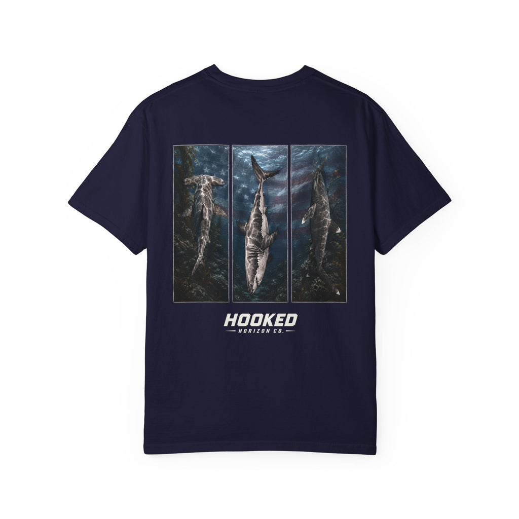 USA Triple Shark Hooked Horizon Co. — "Chasing Legends" Deep Drift Fishing Graphicishing Tee for Angler Lovers, Shark Lovers, Ocean Tee