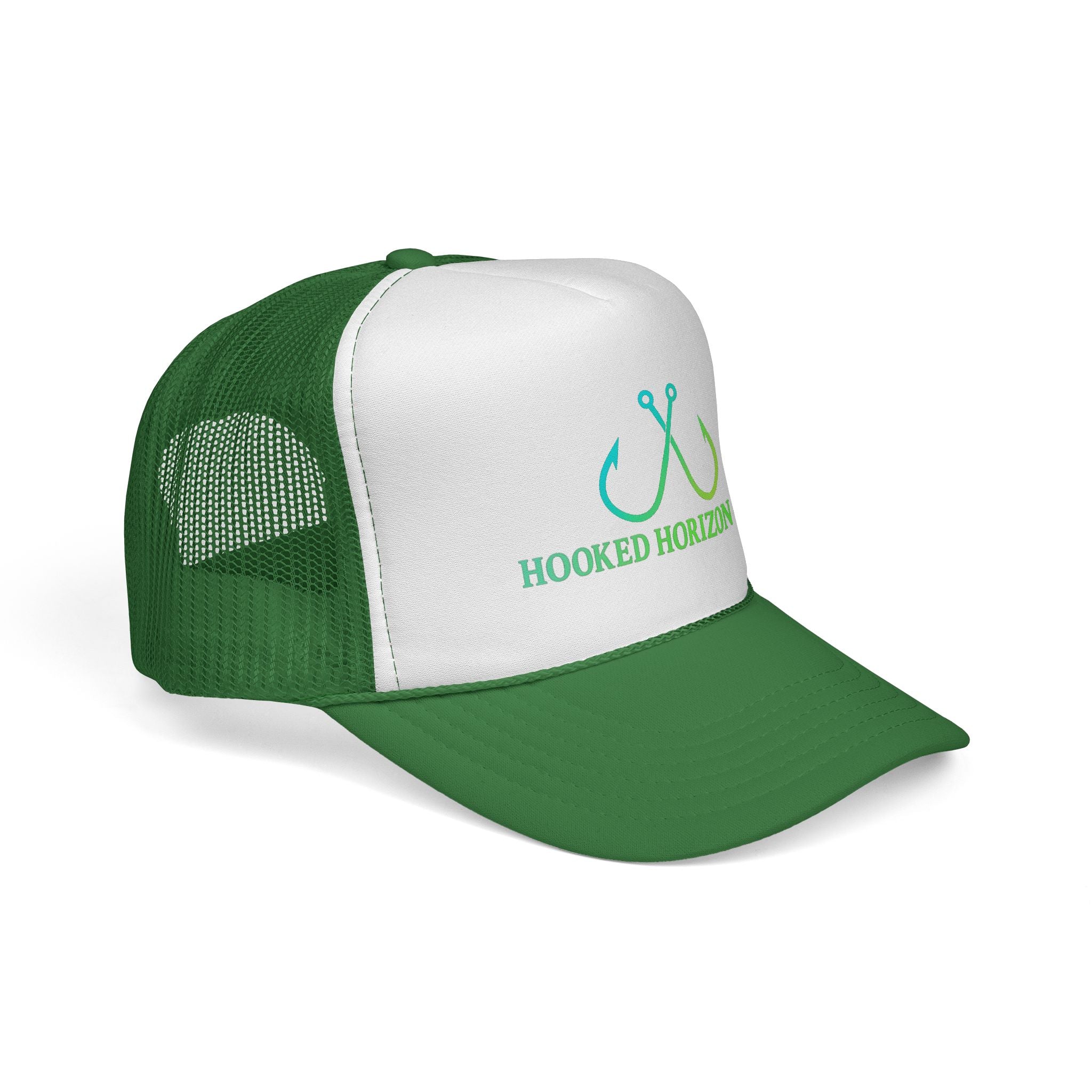 Sea Green & Teal Blue Trucker Cap — Hooked Horizon Co. Fishing Hooks Logo