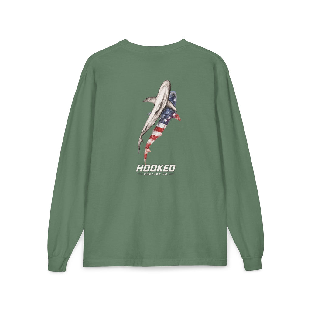 USA Shark Hooked Horizon Co.  Classic Logo Unisex Long Sleeve Pocket T-Shirt