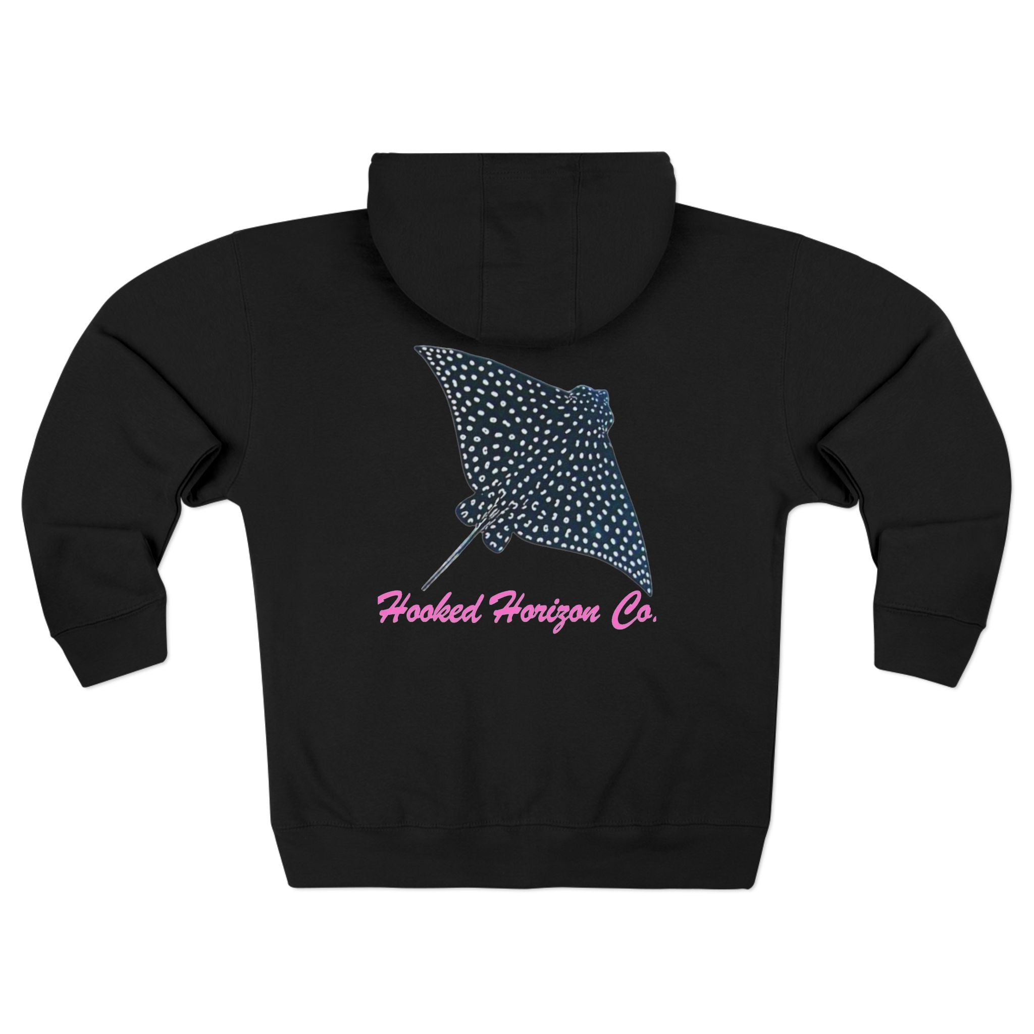 Spotted Ray Neon Pink Deep Drift– Hooked Horizon Co. Unisex Zip Hoodie for Ocean Lovers, Nautical Fashion, Cool Weather Gear, Everyday Comfort, Perfect Gift