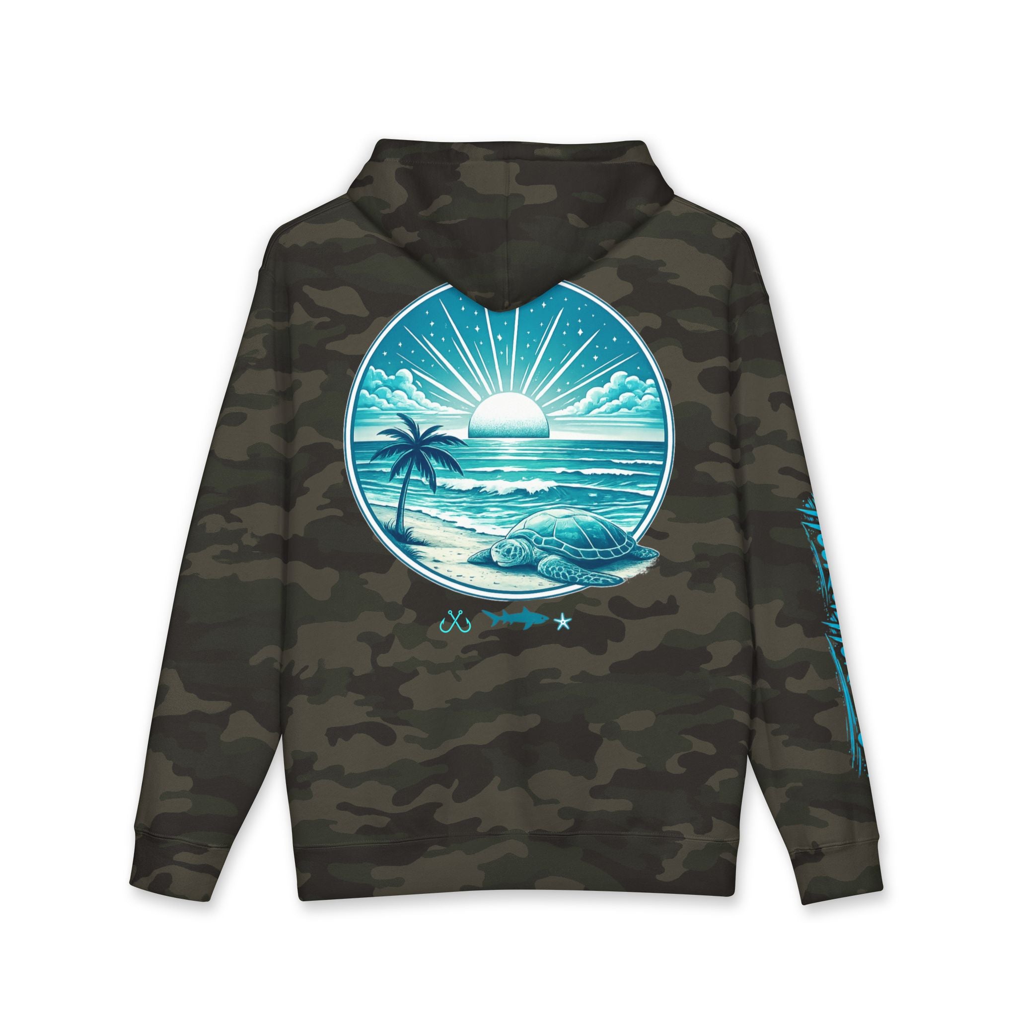 Sea Turtle & Sunset Hoodie Hooked Horizon Co. — Minimal Fishing Back Graphic Hoodie, Multiple Color Variations