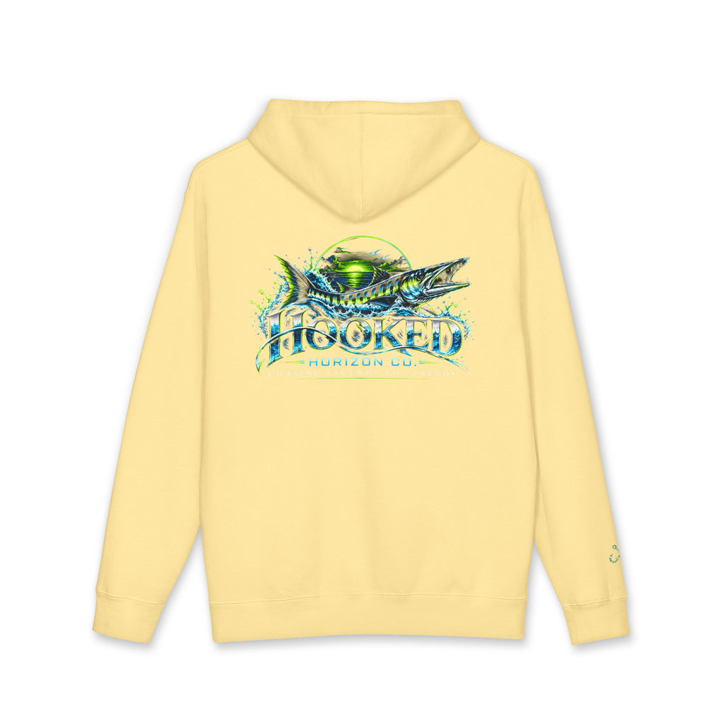 Barracuda Like Green Logo Hoodie—Hooked Horizon Co. — Fishing Back Graphic Hoodie, Multiple Color Variations
