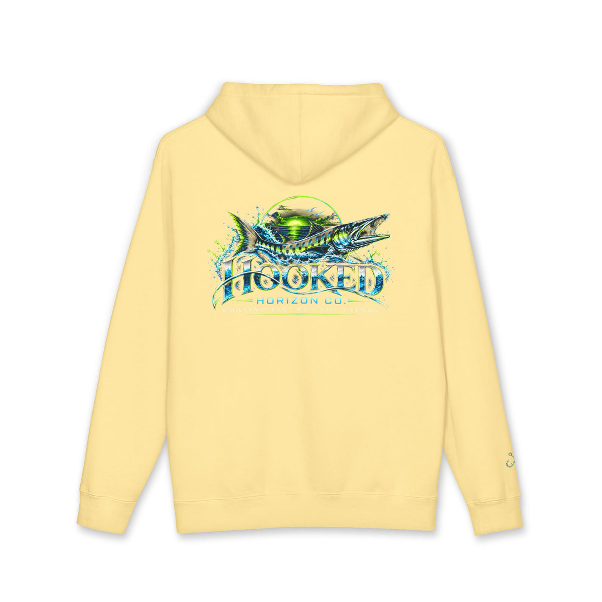 Barracuda Like Green Logo Hoodie—Hooked Horizon Co. — Fishing Back Graphic Hoodie, Multiple Color Variations