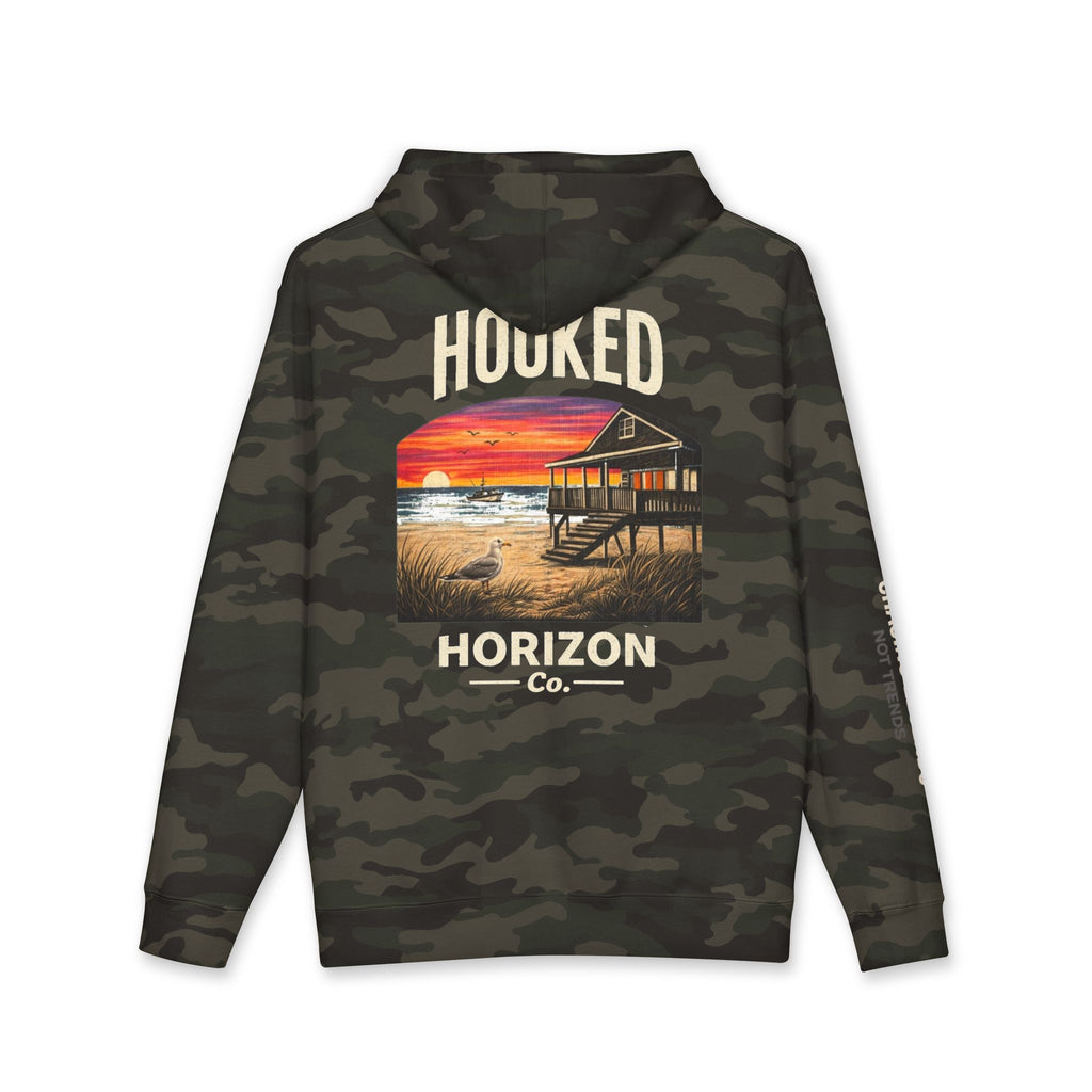 Seagull & Red Sunset Hoodie Hooked Horizon Co. — Minimal Fishing Back Graphic Hoodie, Multiple Color Variations