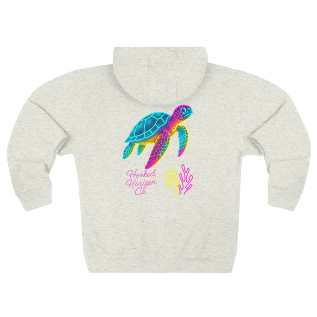 Neon Deep Drift Coral & Turtle Hooked Horizon Co. Unisex Zip Hoodie for Ocean Lovers, Nautical Fashion, Cool Weather Gear, Everyday Comfort, Perfect Gift