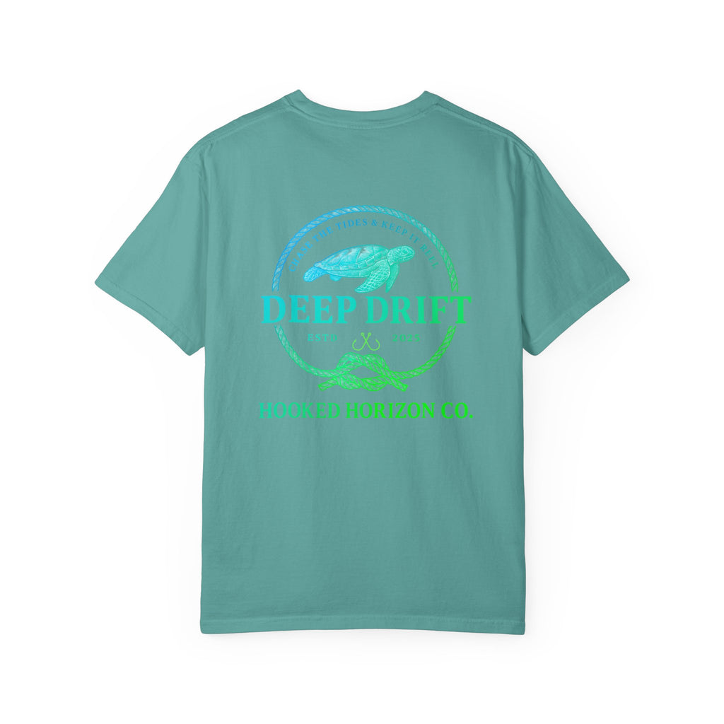 Deep Drift Fishing T-Shirt - Green & Blue Fishing Tee for Angler Lovers, Hammer Head Shark, Ocean Tee