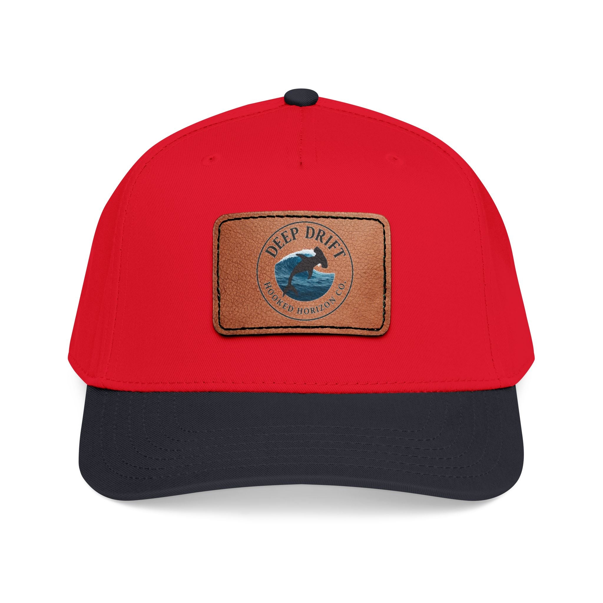 Deep Drift Leather Patch Baseball Cap — Hooked Horizon Co. Ocean Wave Logo, Multiple Color Variations