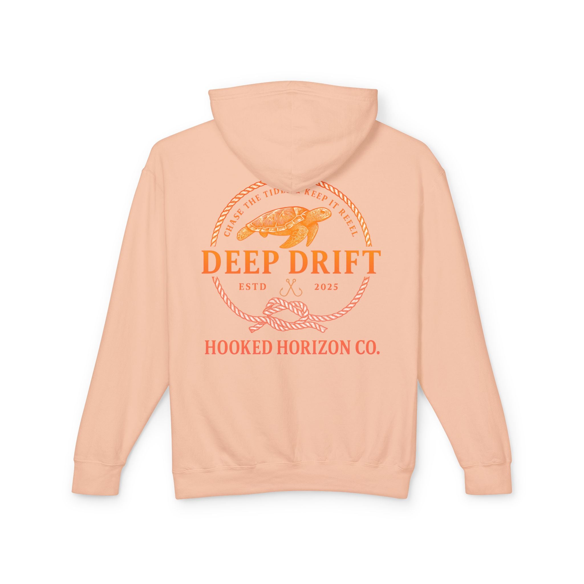 Orange Hooked Horizon Co Unisex Lightweight Hoodie with Deep Drift Design | Perfect for Fishermen, Beach Lovers, Casual Outings, Gift for Him/Her, Nautical Style,  Ocean Lover Gifts