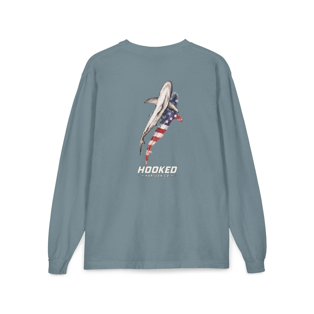 USA Shark Hooked Horizon Co.  Classic Logo Unisex Long Sleeve Pocket T-Shirt
