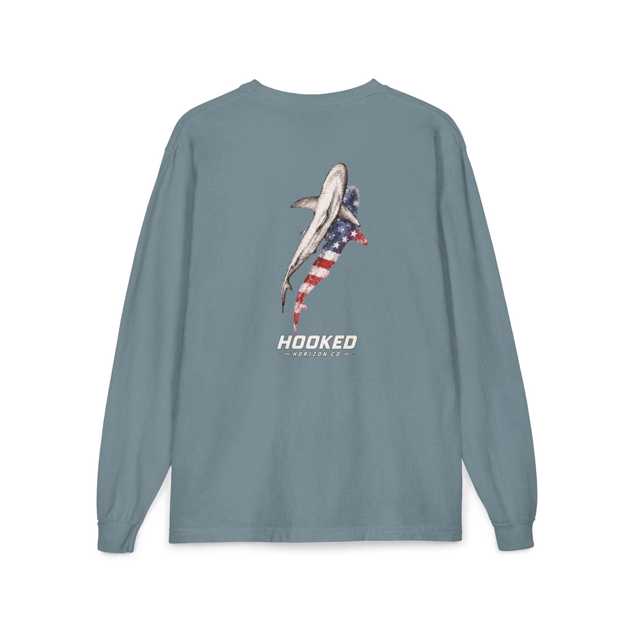 USA Shark Hooked Horizon Co.  Classic Logo Unisex Long Sleeve Pocket T-Shirt