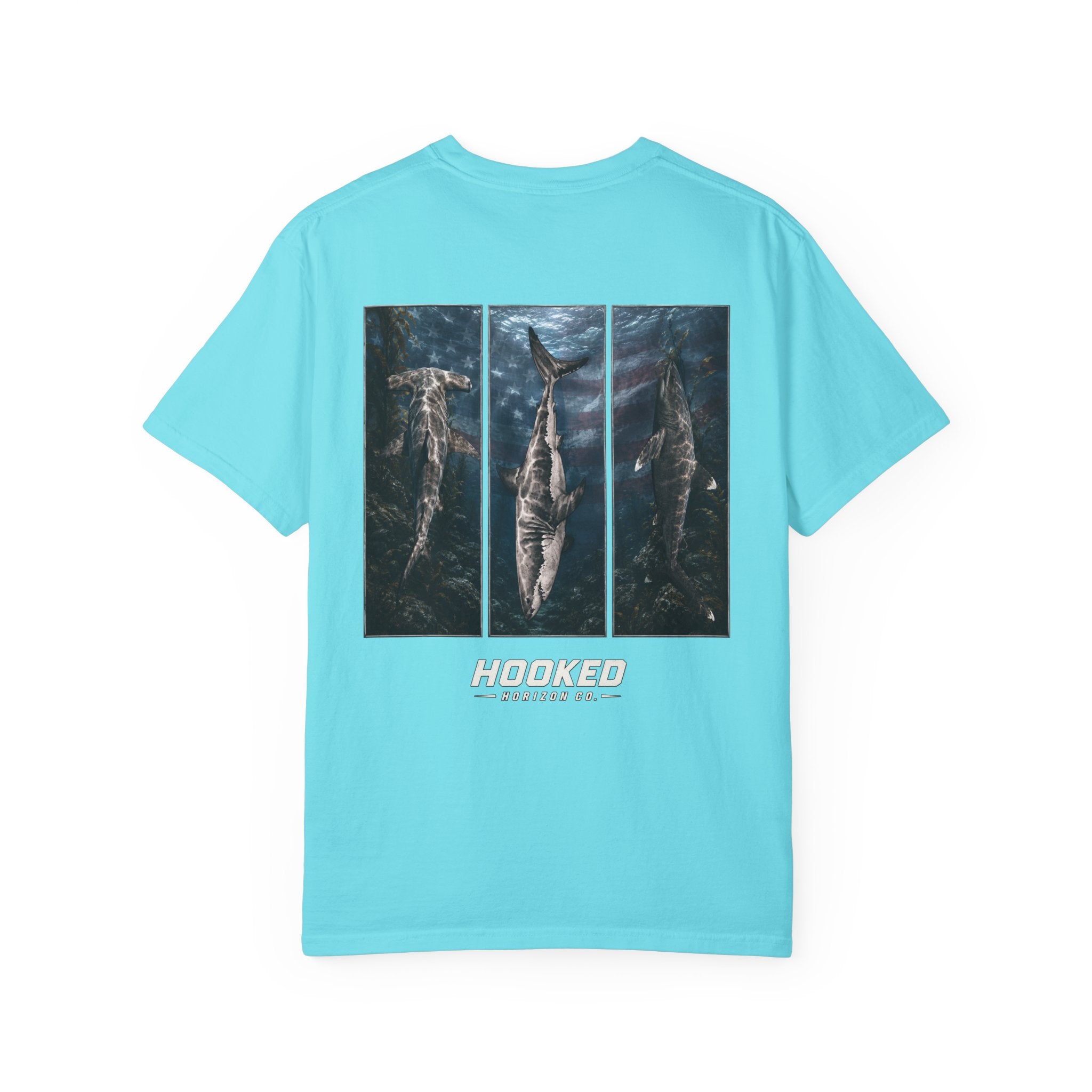 USA Triple Shark Hooked Horizon Co. — "Chasing Legends" Deep Drift Fishing Graphicishing Tee for Angler Lovers, Shark Lovers, Ocean Tee