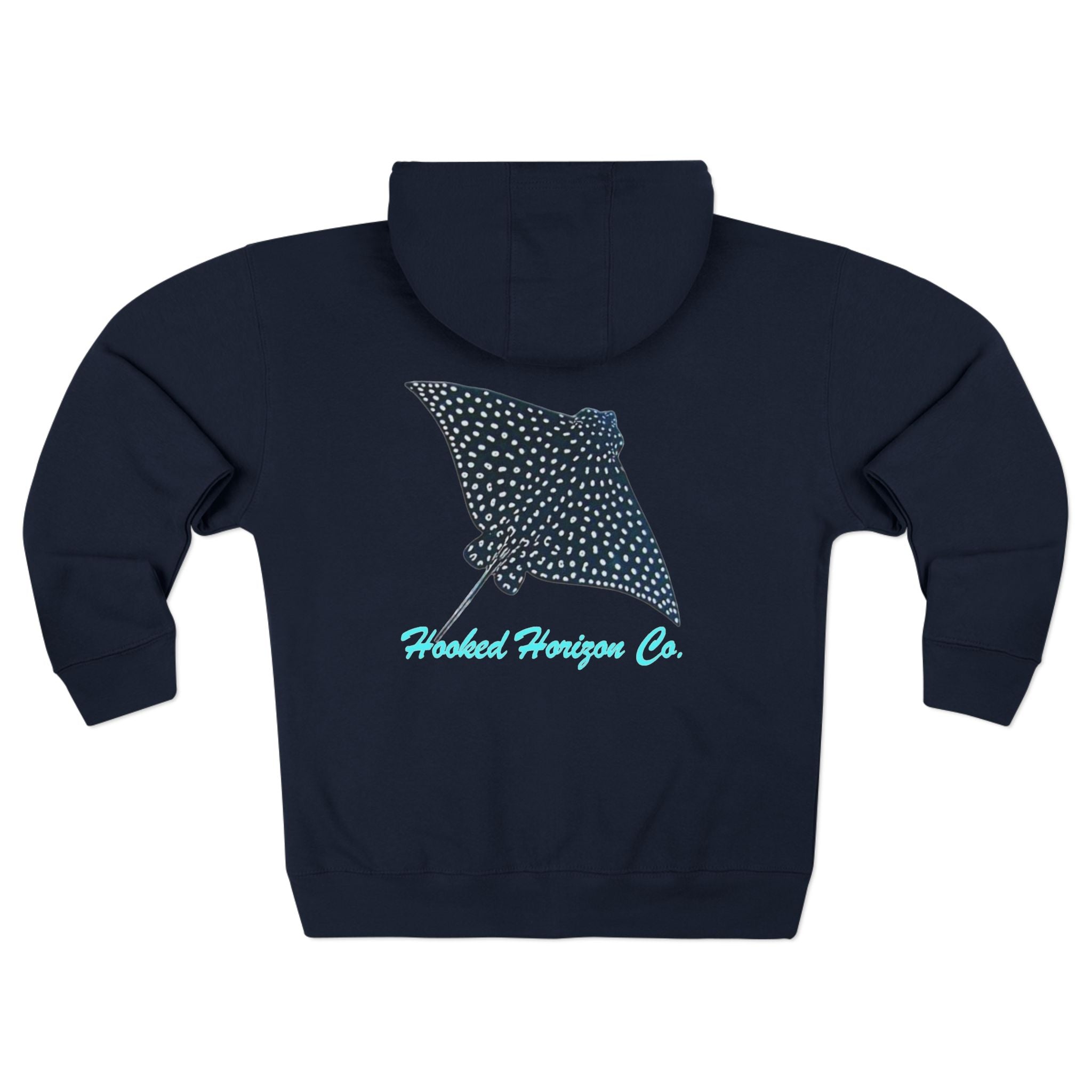 Spotted Ray Neon Blue Deep Drift – Hooked Horizon C. No Bull All BiteUnisex Zip Hoodie for Ocean Lovers, Nautical Fashion, Cool Weather Gear, Everyday Comfort, Perfect Gift