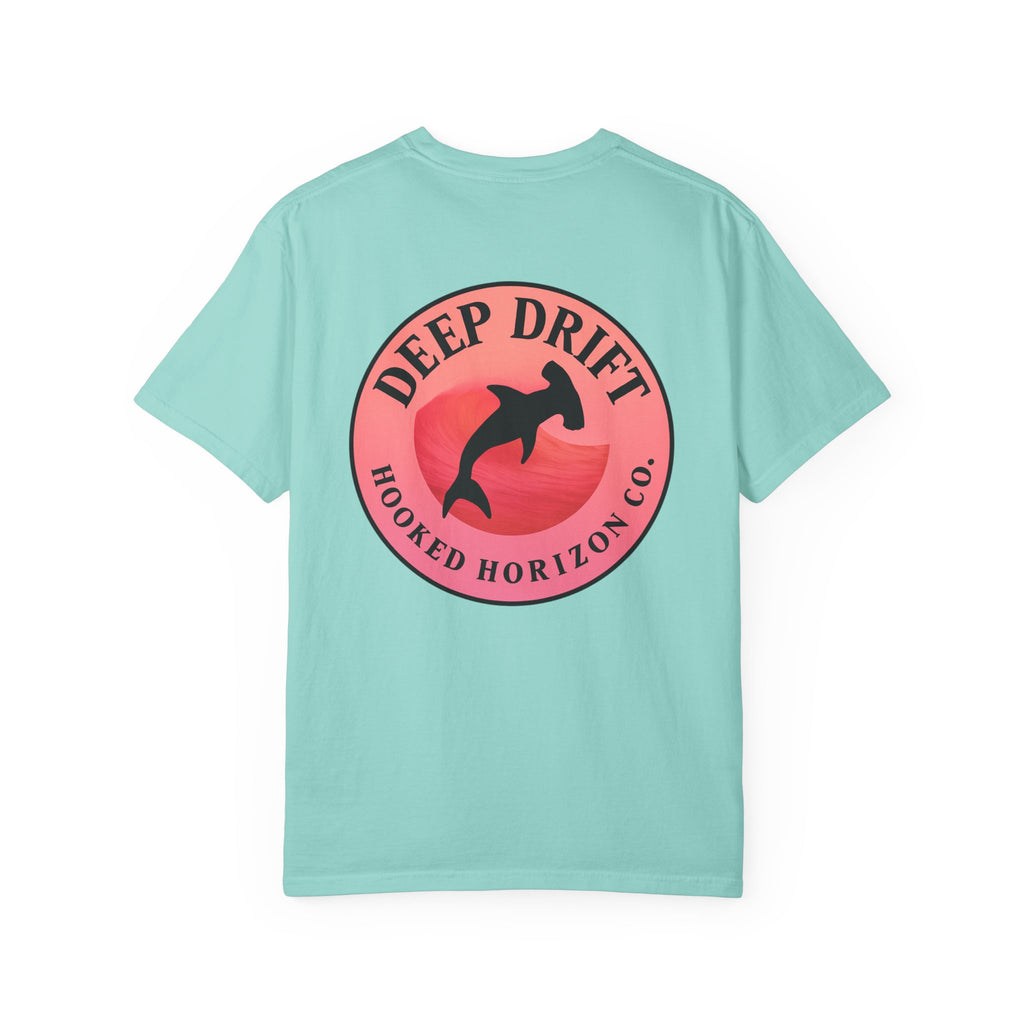 Deep Drift Fishing T-Shirt - Pink & Peach Fishing Tee for Angler Lovers, Pink Ombre, Hammer Head Shark Tee, Ocean-inspired