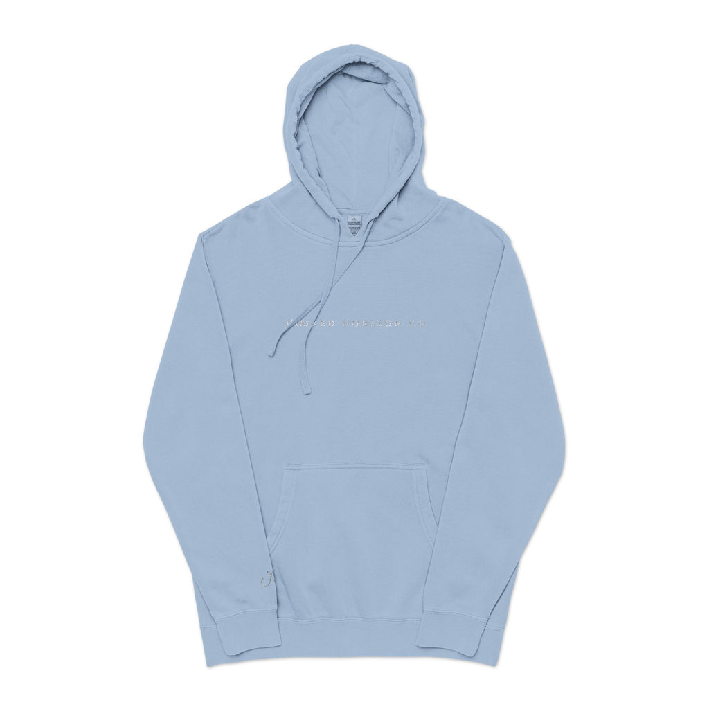 Hooked Horizon Co — Minimal Distrissed Hoodie — Distressed Tiny Text Pigment-Dyed Sweatshirt
