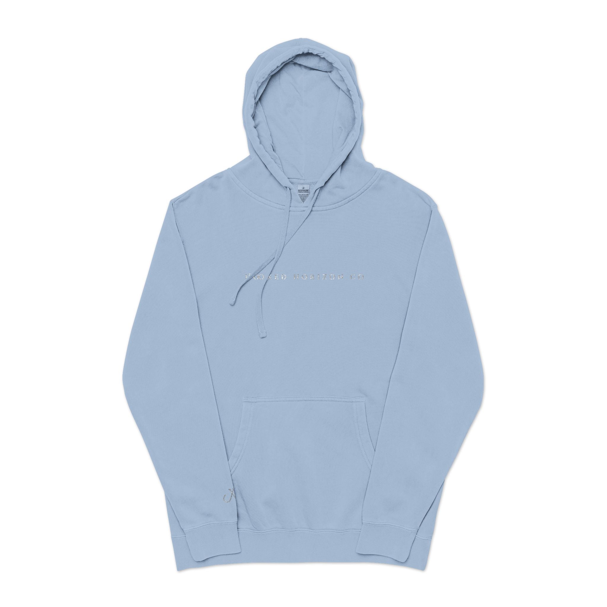 Hooked Horizon Co — Minimal Distrissed Hoodie — Distressed Tiny Text Pigment-Dyed Sweatshirt