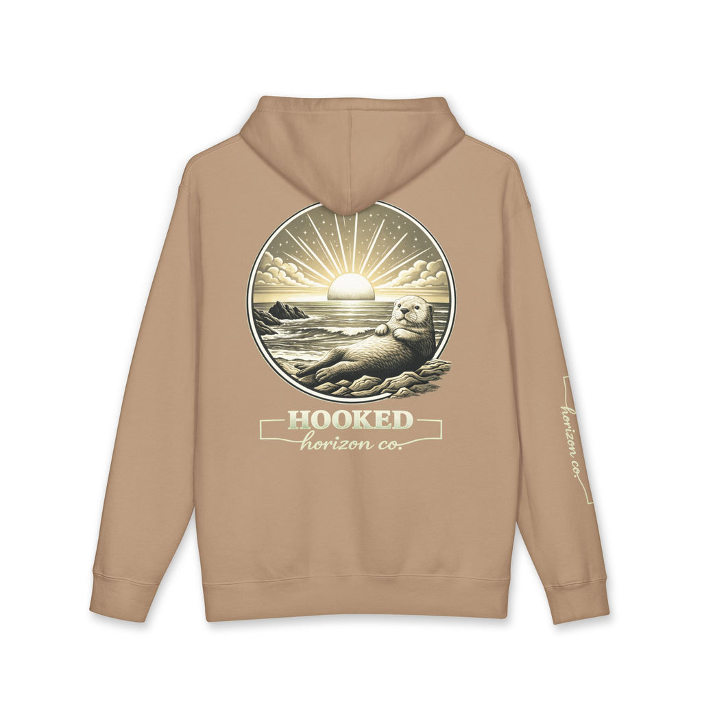Sea Otter & Sunset Hoodie Hooked Horizon Co. — Minimal Fishing Back Graphic Hoodie, Multiple Color Variations