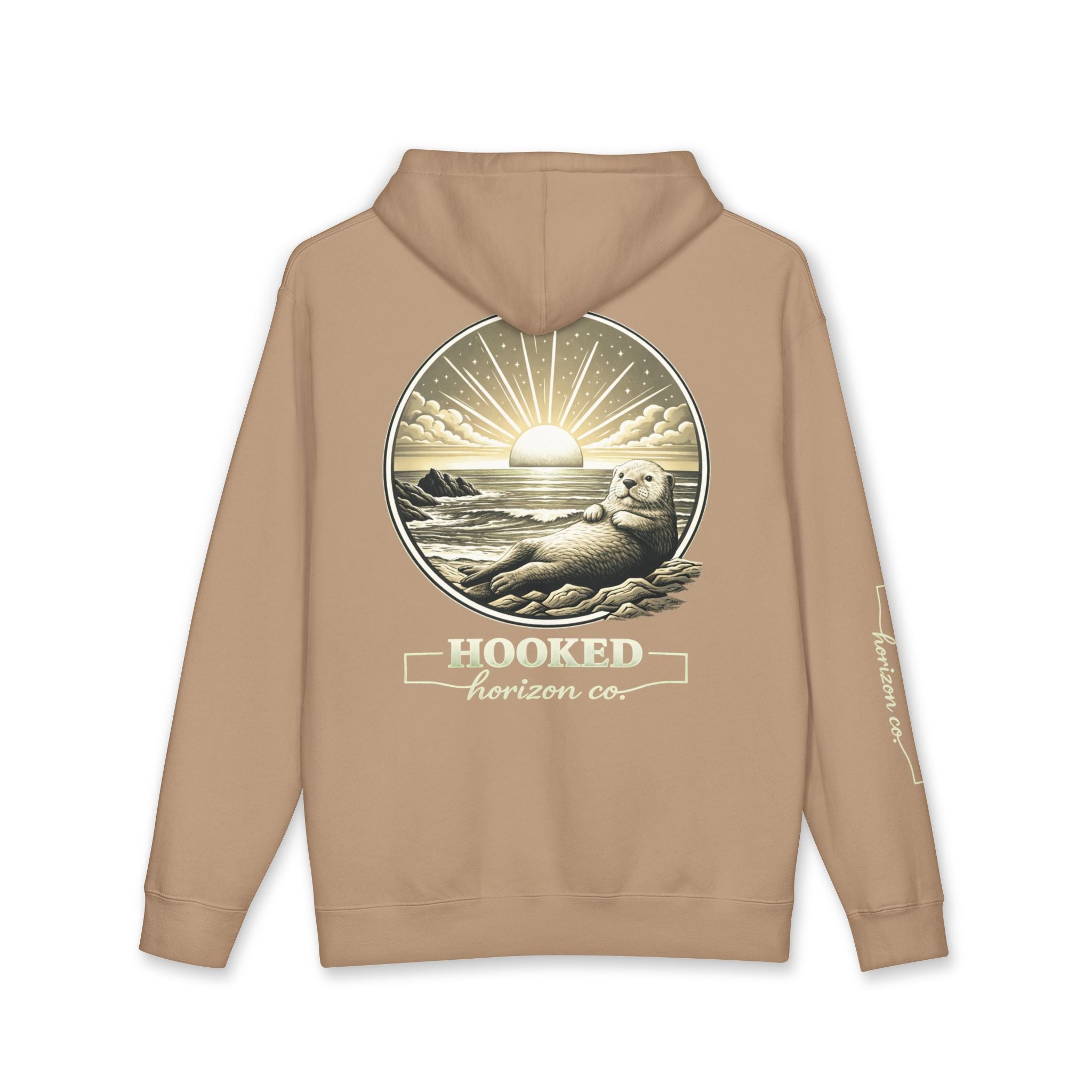 Sea Otter & Sunset Hoodie Hooked Horizon Co. — Minimal Fishing Back Graphic Hoodie, Multiple Color Variations