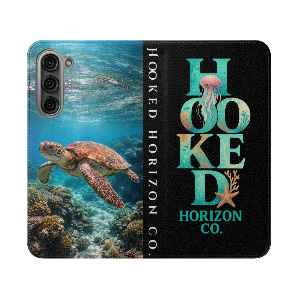 Turtle Hooked Horizon Co Flip Phone Case — Turquoise Water Pattern Wallet Cover