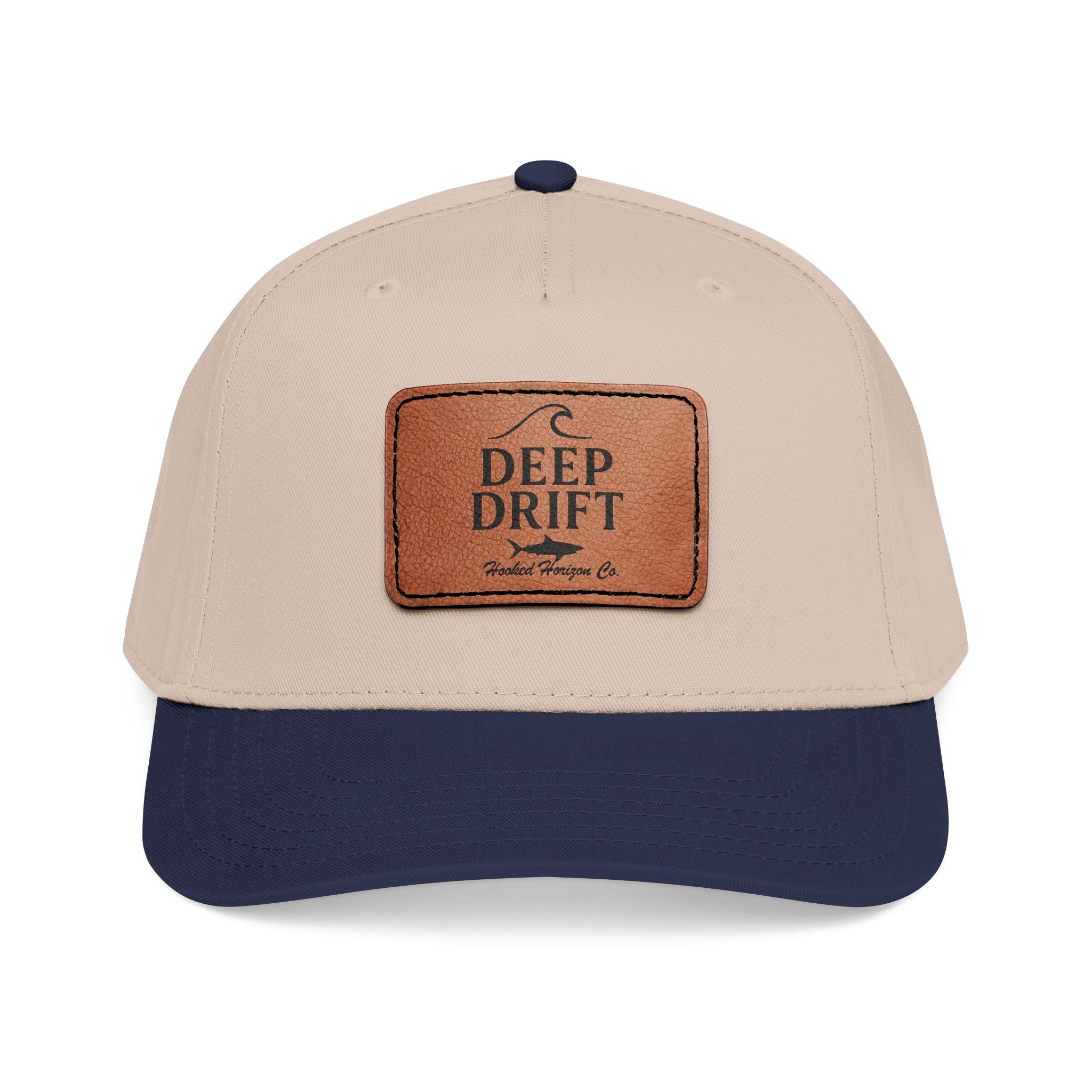 "Deep Drift" Shark Wave Leather Patch Baseball Cap — Hooked Horizon Co. Ocean Wave Logo, Multiple Color Variations