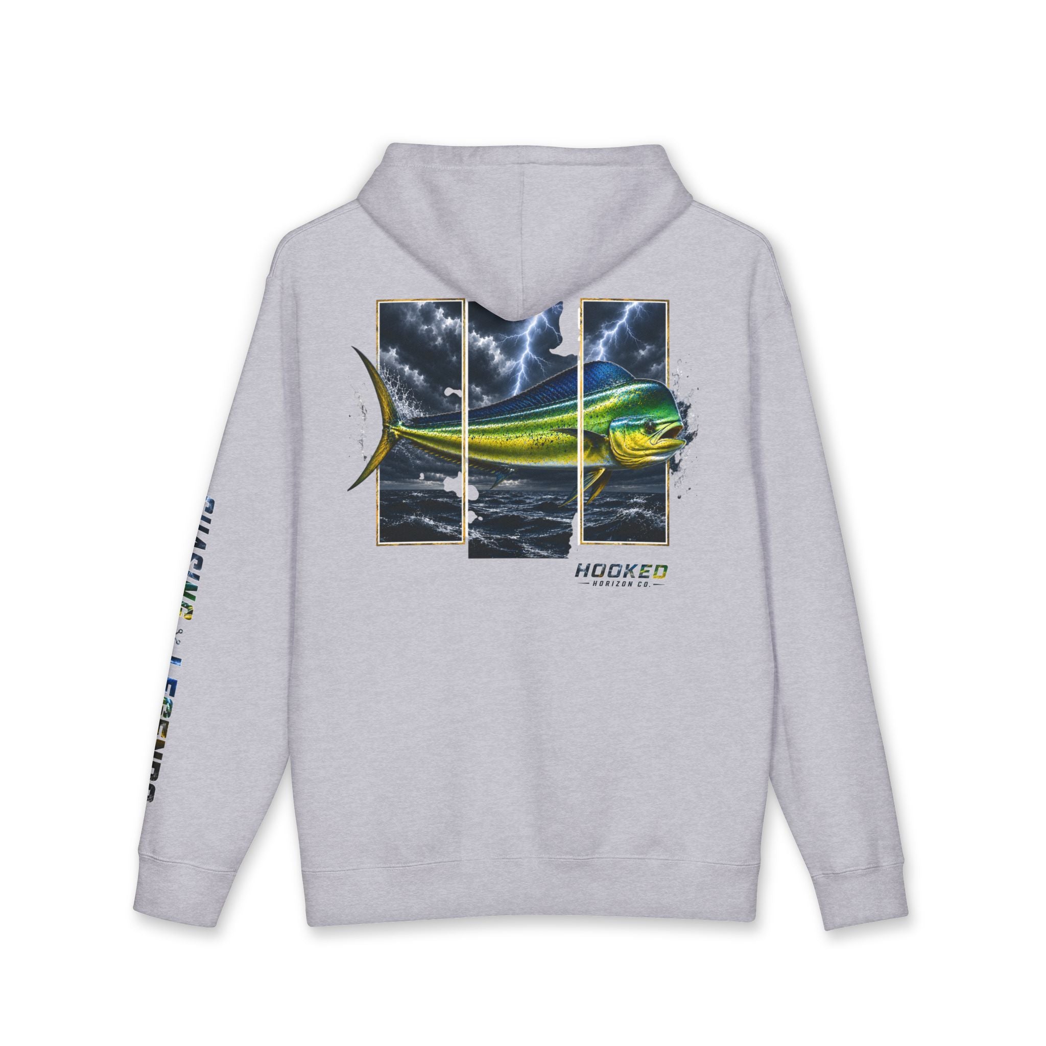 Mahi Mahi Hoodie Hooked Horizon Co. — Fishing Back Graphic Hoodie, Multiple Color Variations