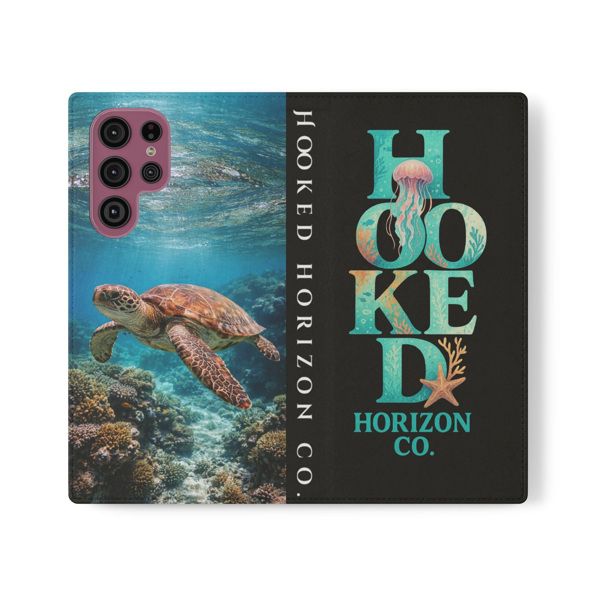 Turtle Hooked Horizon Co Flip Phone Case — Turquoise Water Pattern Wallet Cover