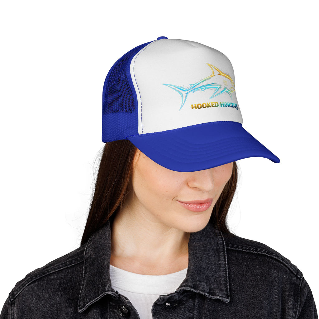 Gold & Blue Shark Trucker Cap — Fishing & Beach Hat
