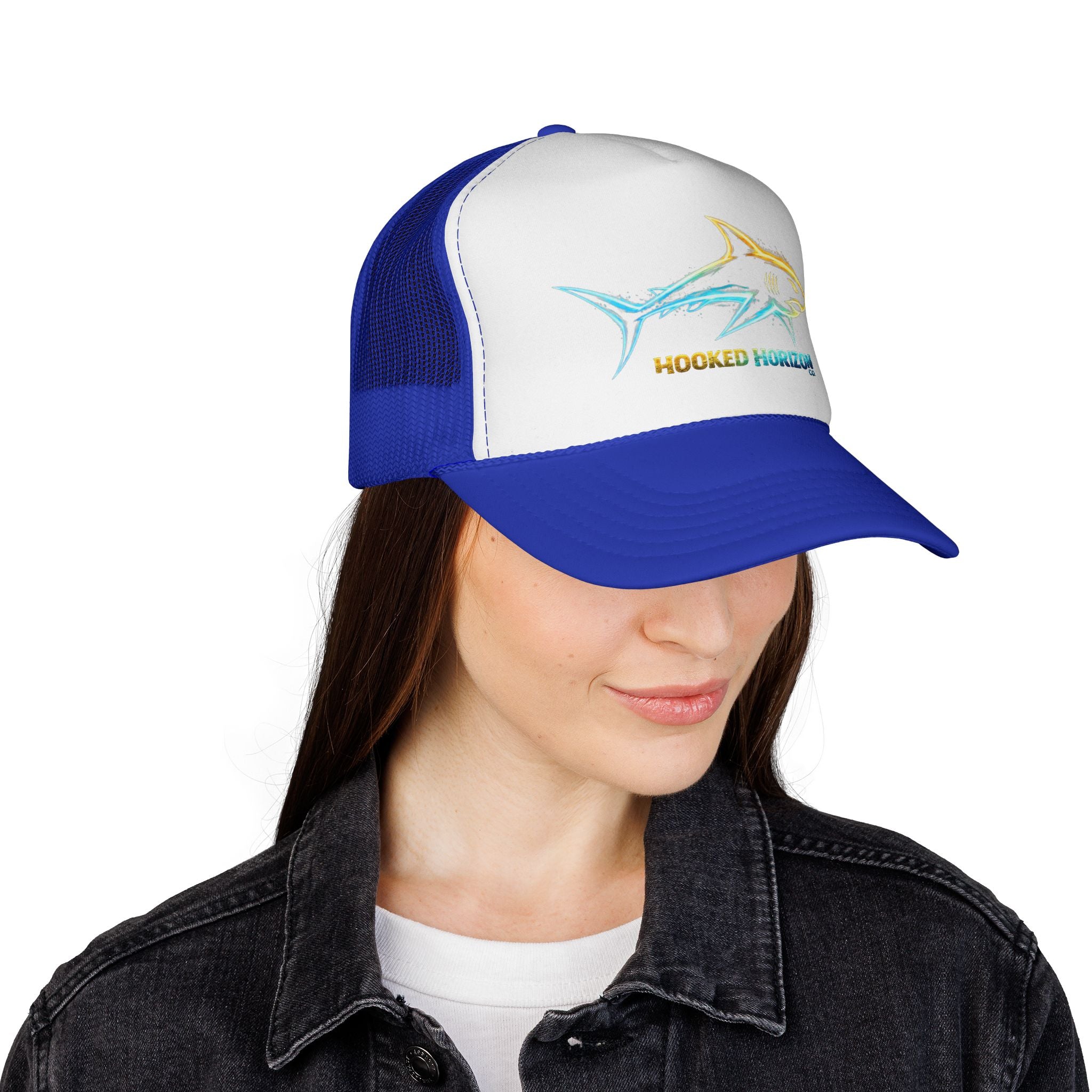 Gold & Blue Shark Trucker Cap — Fishing & Beach Hat