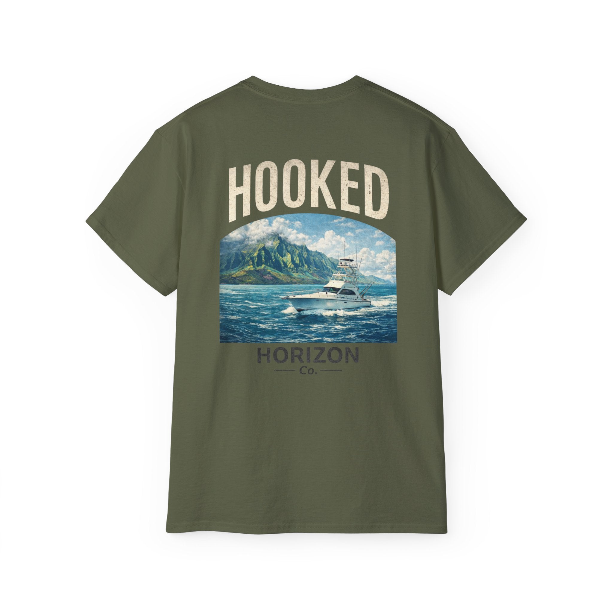 Fishing Charter T-Shirt — "Hooked" Boat & Horizon Graphic Tee, Multiple Color Variations