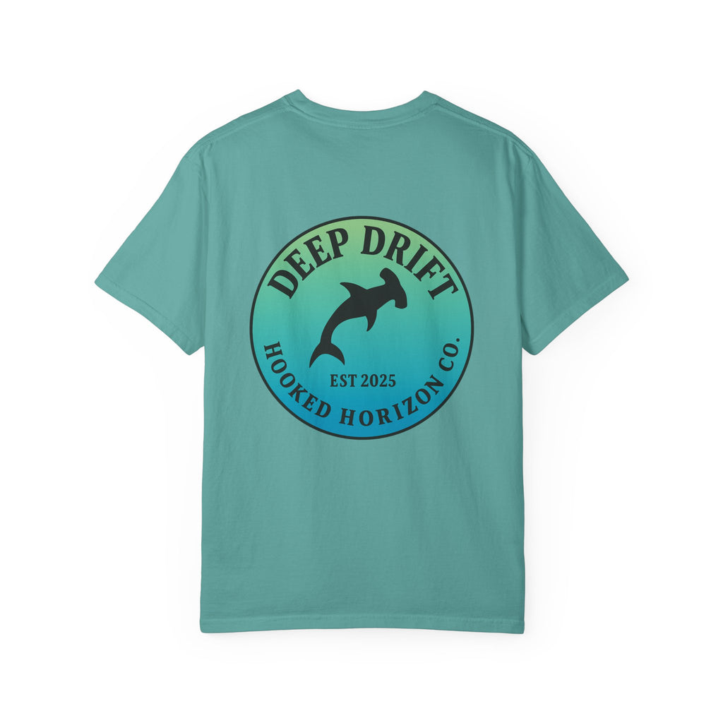 Deep Drift Fishing T-Shirt - Green & Blue Fishing Tee for Angler Lovers, Hammer Head Shark, Ocean Tee