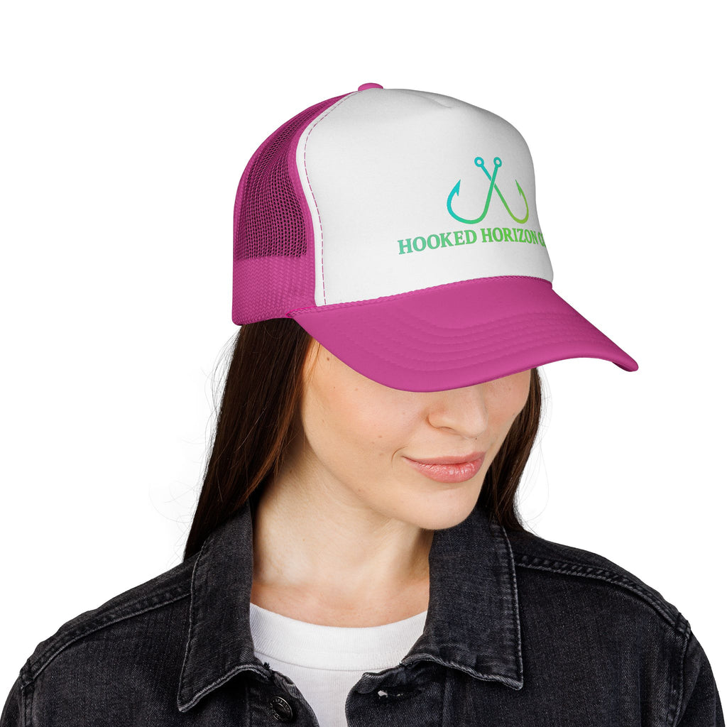 Sea Green & Teal Blue Trucker Cap — Hooked Horizon Co. Fishing Hooks Logo