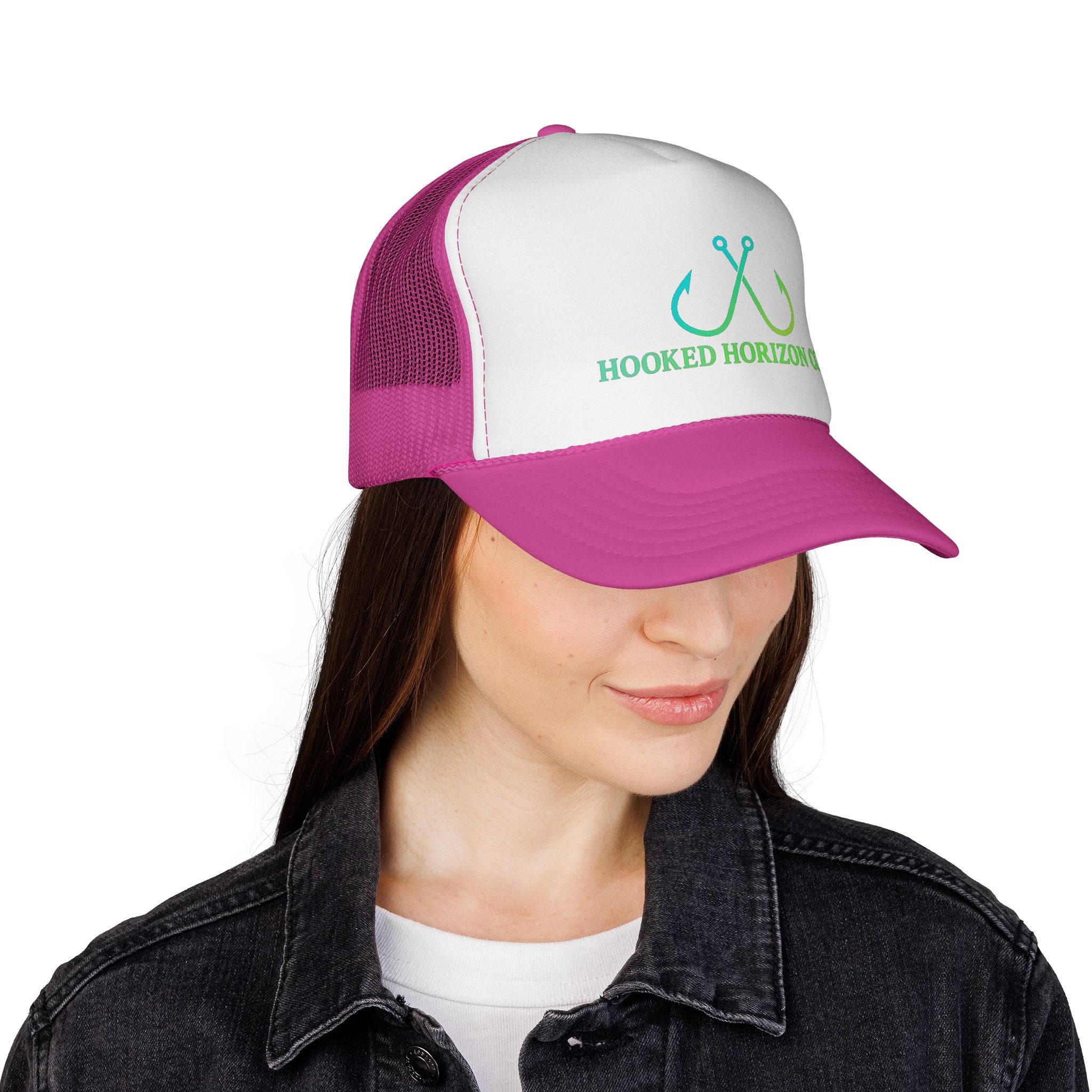 Sea Green & Teal Blue Trucker Cap — Hooked Horizon Co. Fishing Hooks Logo