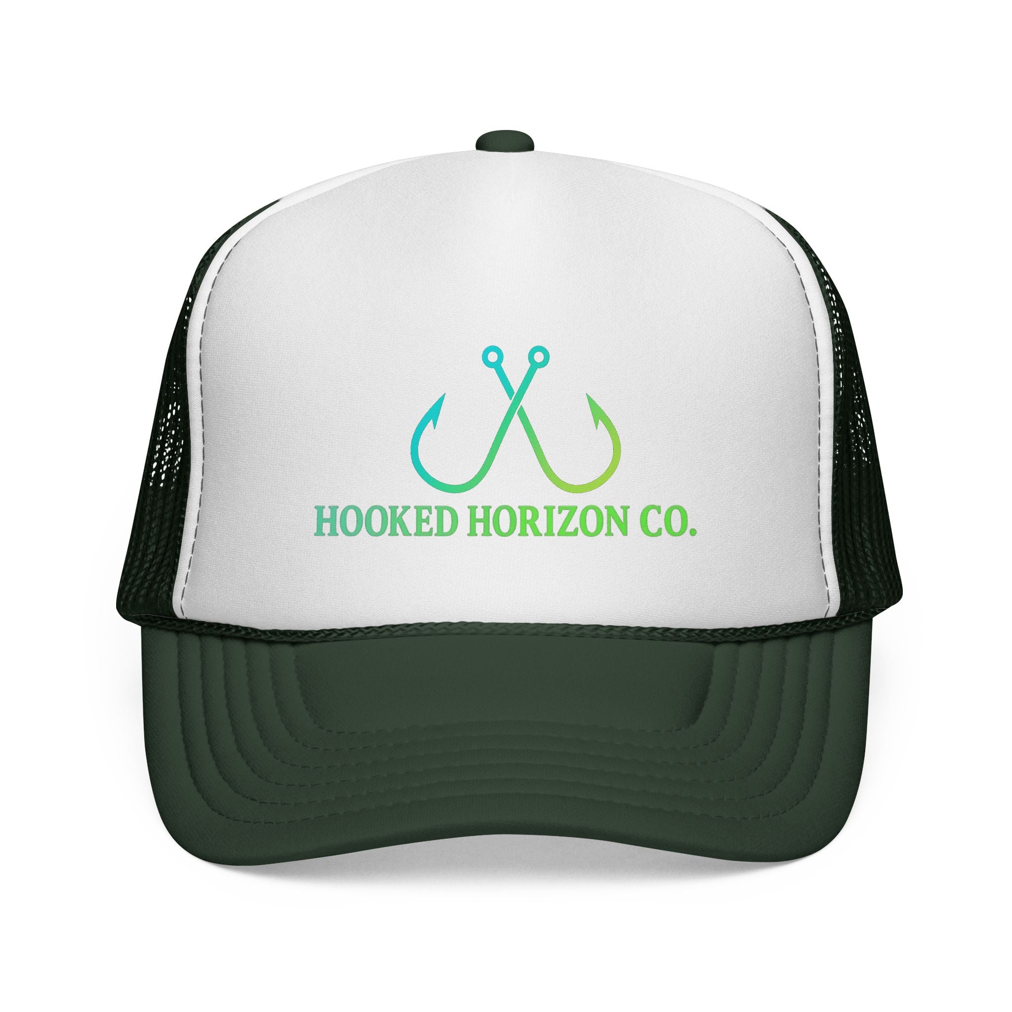 Sea Green & Teal Blue Trucker Cap — Hooked Horizon Co. Fishing Hooks Logo