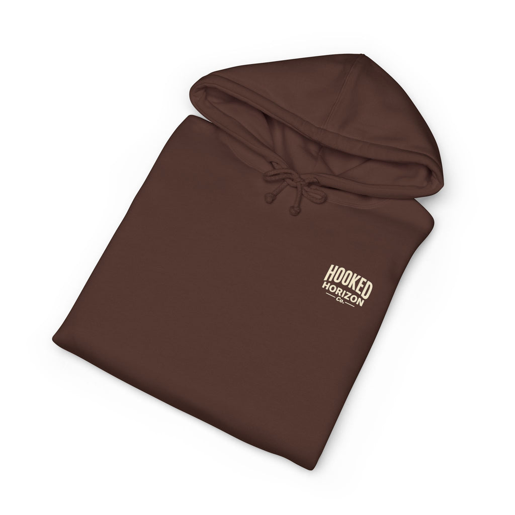 Dog & Sunset Hoodie Hooked Horizon Co. — Minimal Fishing Back Graphic Hoodie, Multiple Color Variations