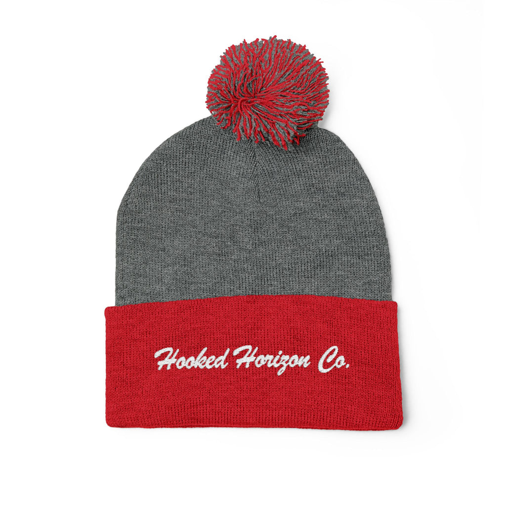 Hooked Horizon Co. Embroidered Pom-Pom Knit Cap — Cozy Grey Beanie with Multiple Color Variations