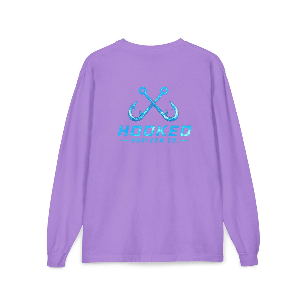 Bright Blue Hooked Horizon Co.  Classic Logo Unisex Long Sleeve Pocket T-Shirt