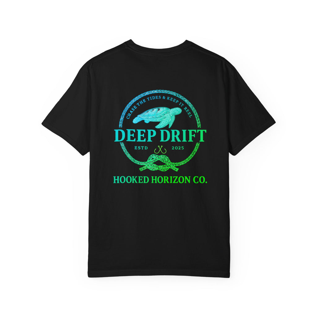 Deep Drift Fishing T-Shirt - Green & Blue Fishing Tee for Angler Lovers, Hammer Head Shark, Ocean Tee