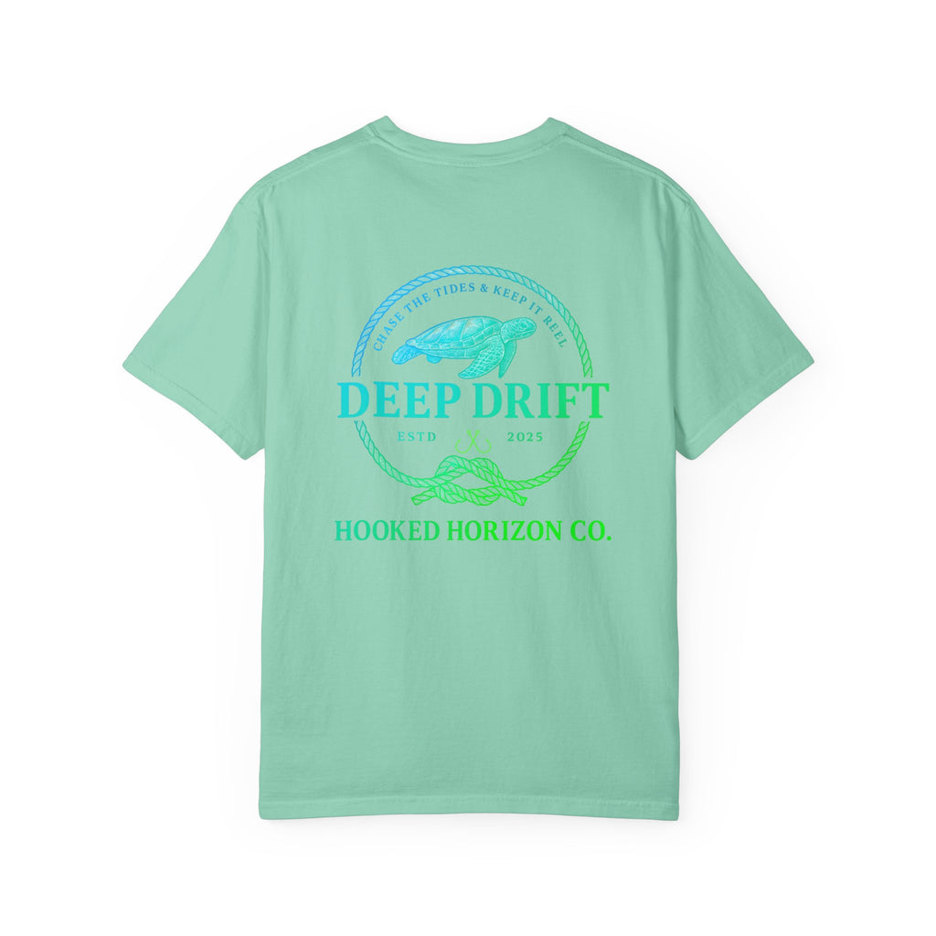 Deep Drift Fishing T-Shirt - Green & Blue Fishing Tee for Angler Lovers, Hammer Head Shark, Ocean Tee