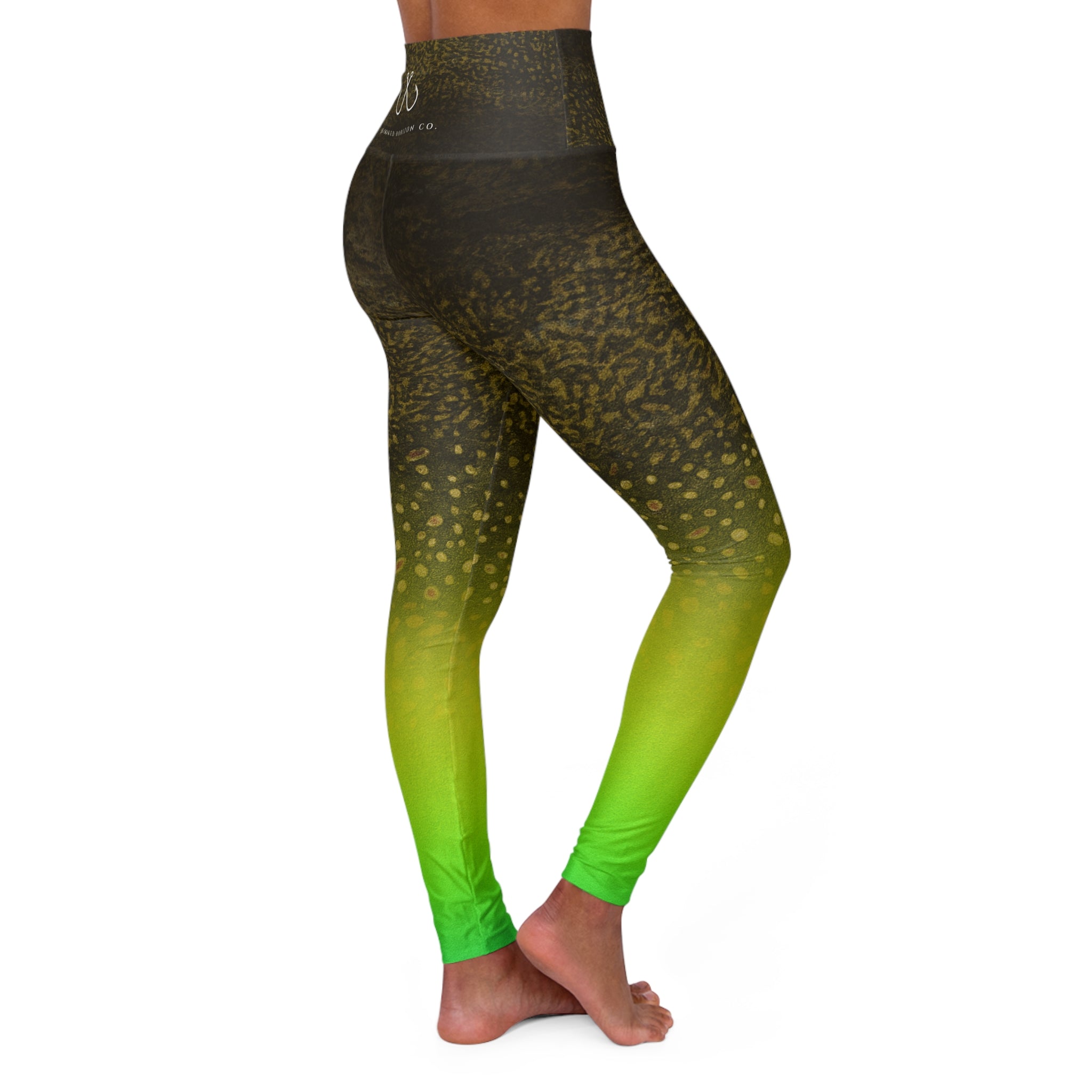 Green Gradient Neon Spotted Fishing High Waisted Yoga Leggings, Hooked Horizon Co,  Deep Drift- Purple, Comfortable Activewear, Fitness Pants, Ideal for Gym, Yoga, and Weekend Brunch