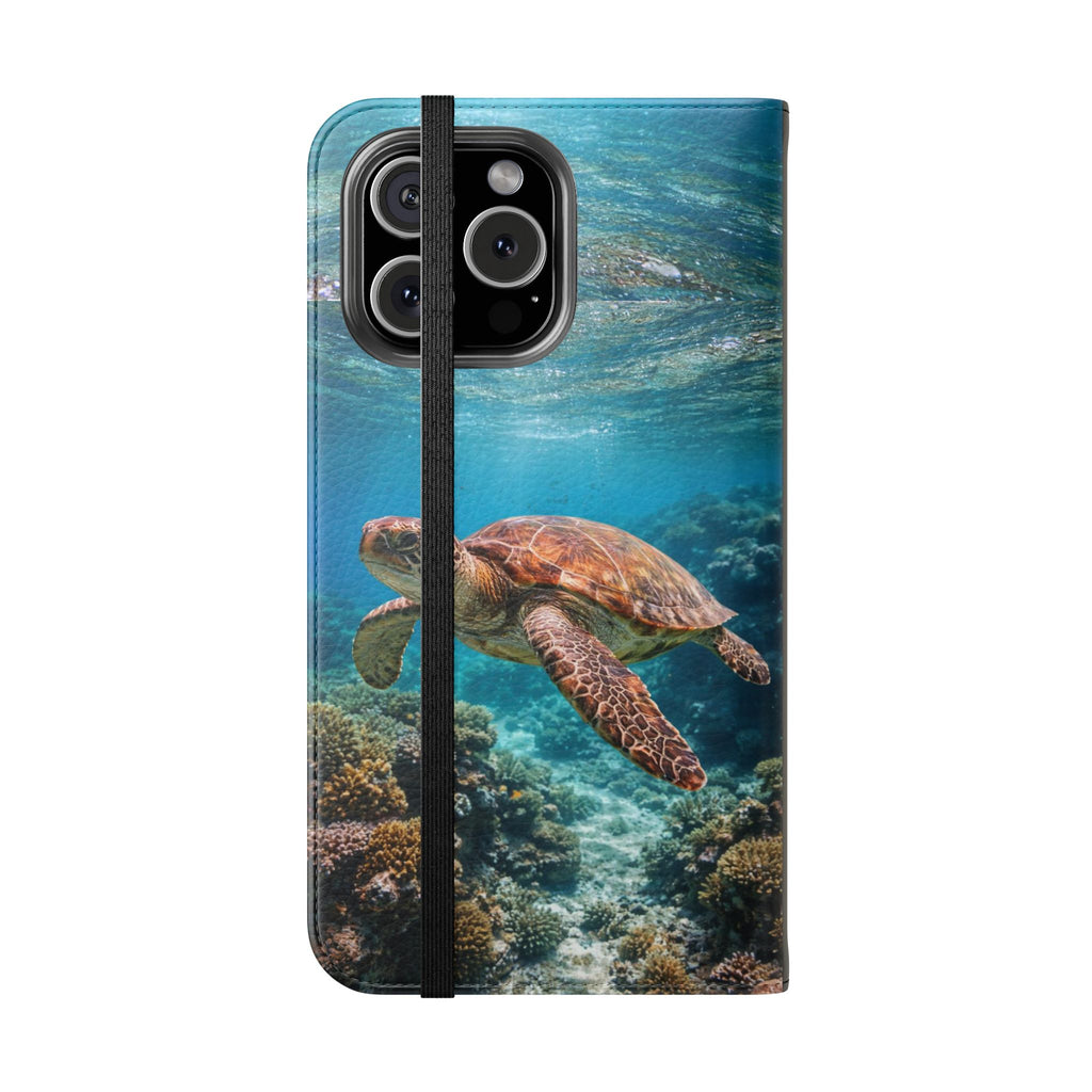 Turtle Hooked Horizon Co Flip Phone Case — Turquoise Water Pattern Wallet Cover