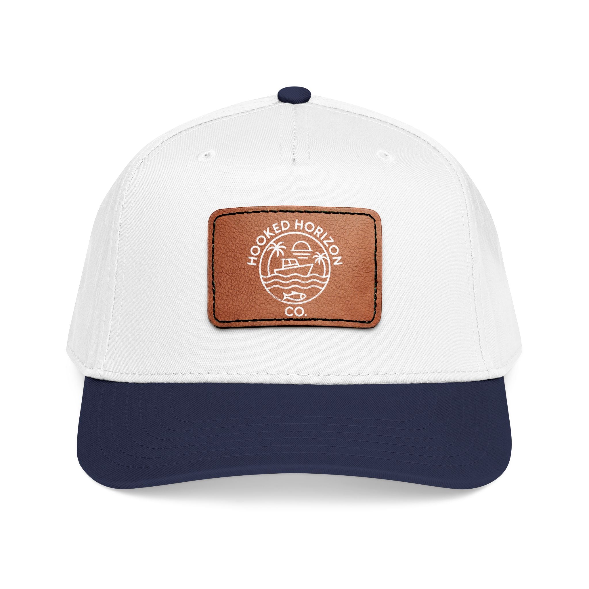 Hooked Horizon Co. 80s Inspired Logo–Leather Patch Baseball Cap — Hooked Horizon Co. Fishing Boat, Multiple Color Variations