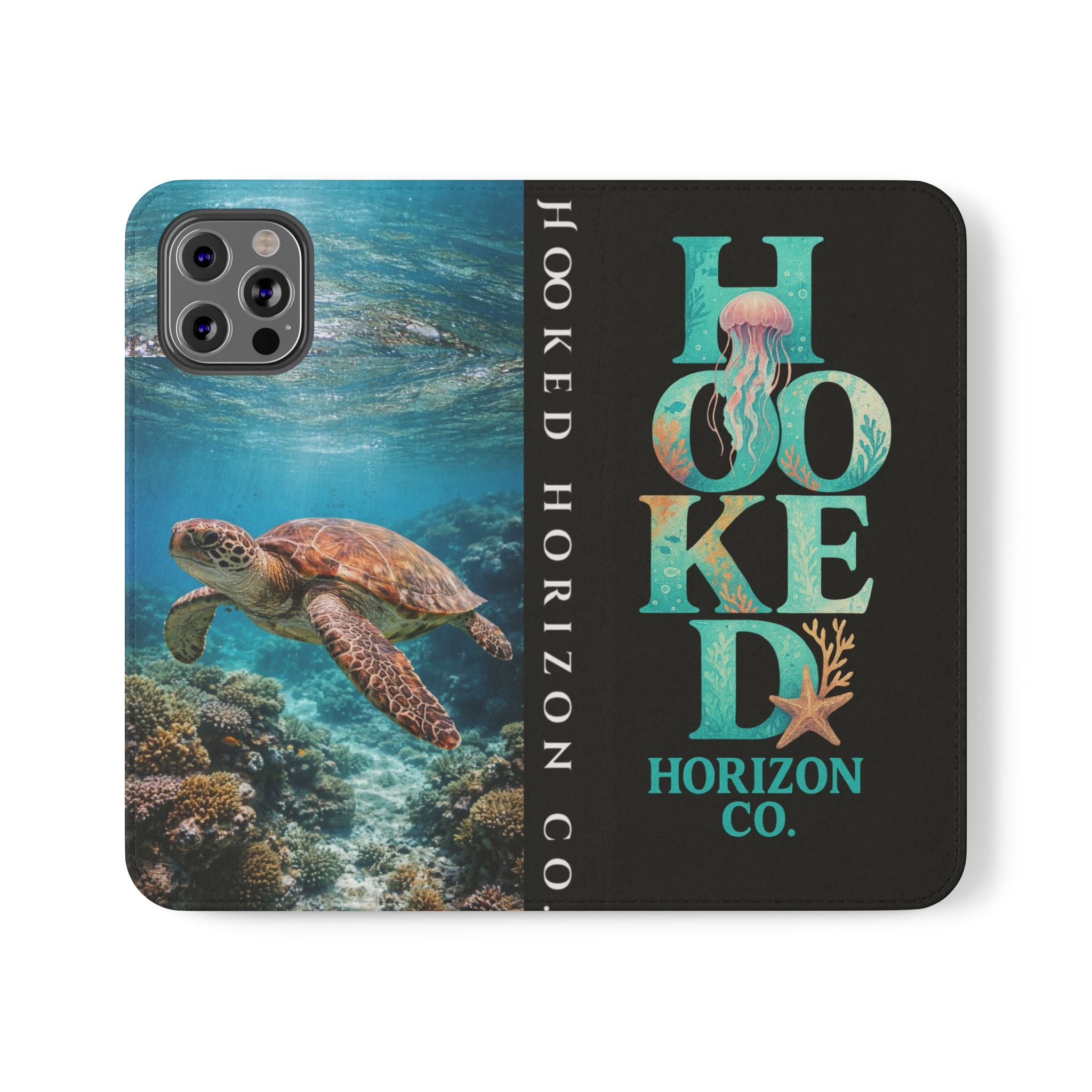 Turtle Hooked Horizon Co Flip Phone Case — Turquoise Water Pattern Wallet Cover
