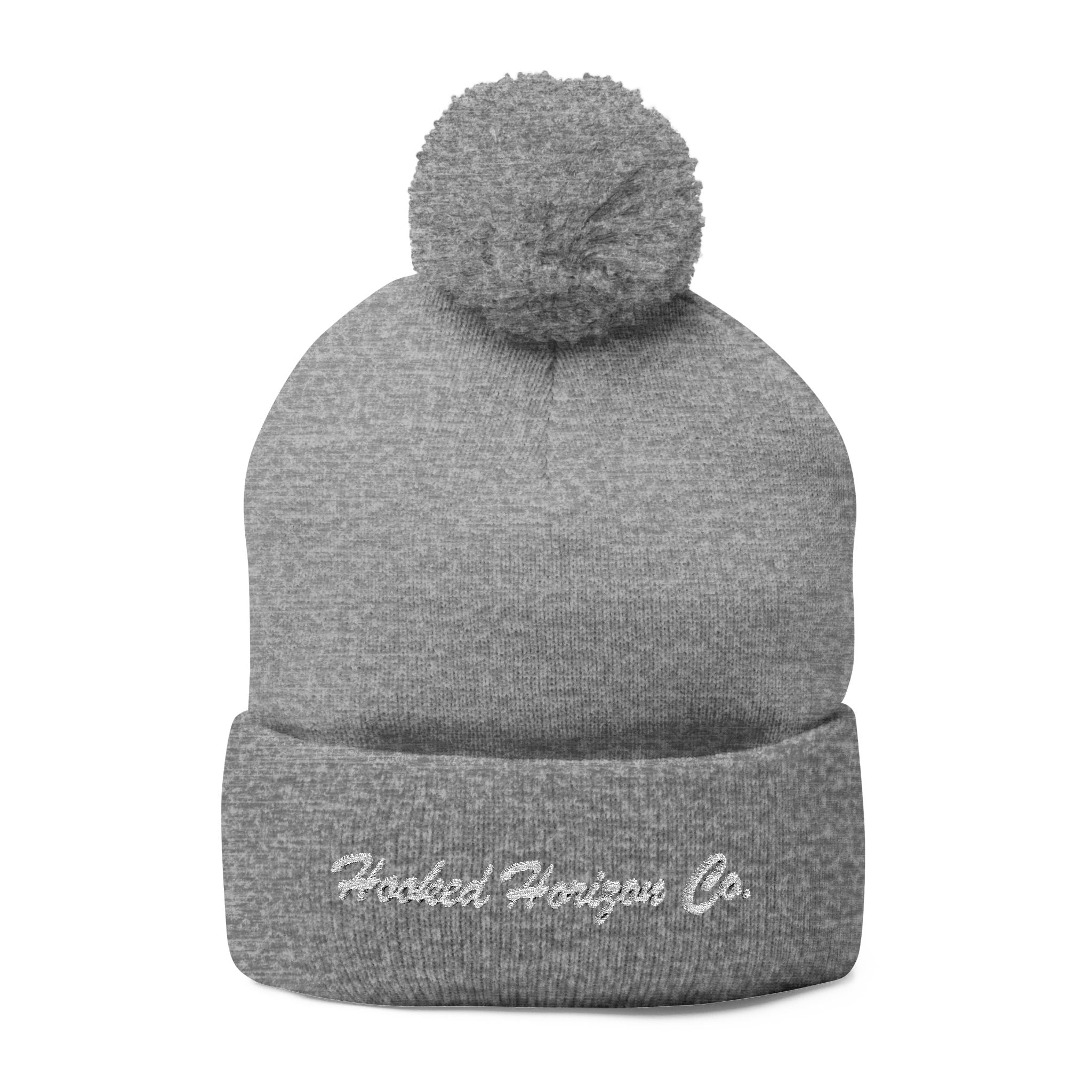Hooked Horizon Co. Embroidered Pom-Pom Knit Cap — Cozy Grey Beanie with Multiple Color Variations